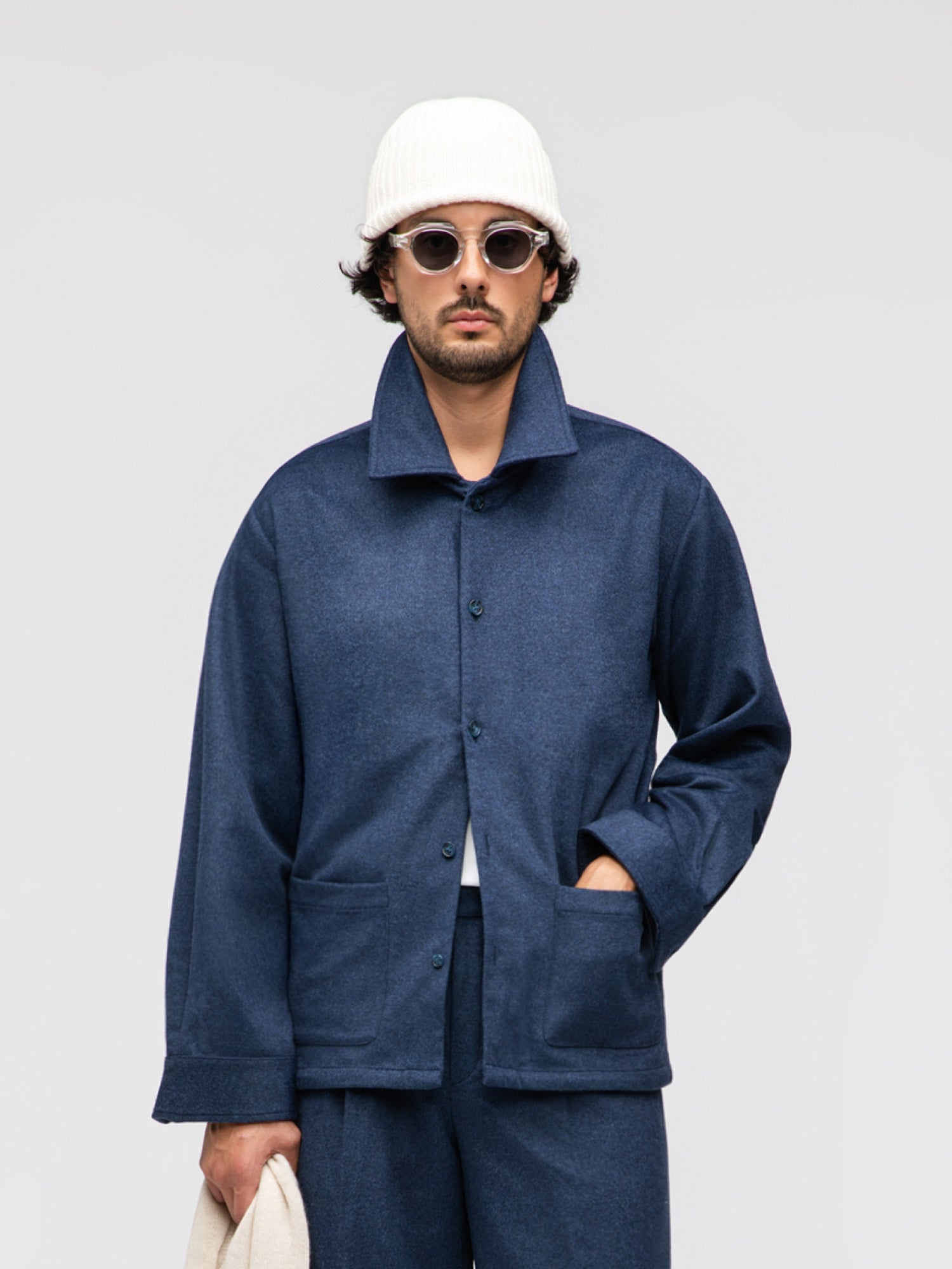 Navy Cashmere Wool Shirt Jacket - Grand Le Mar