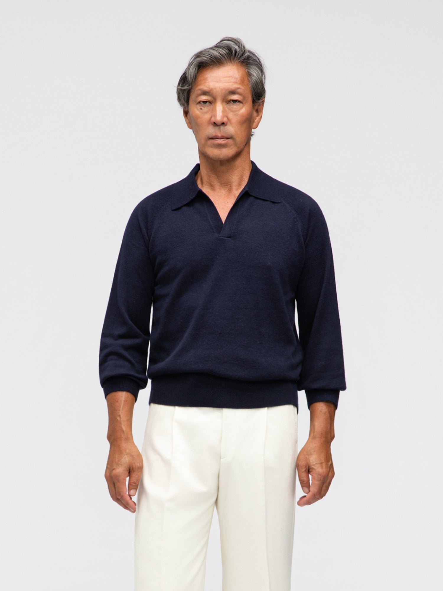 Navy Merino Wool Cashmere Polo - Grand Le Mar