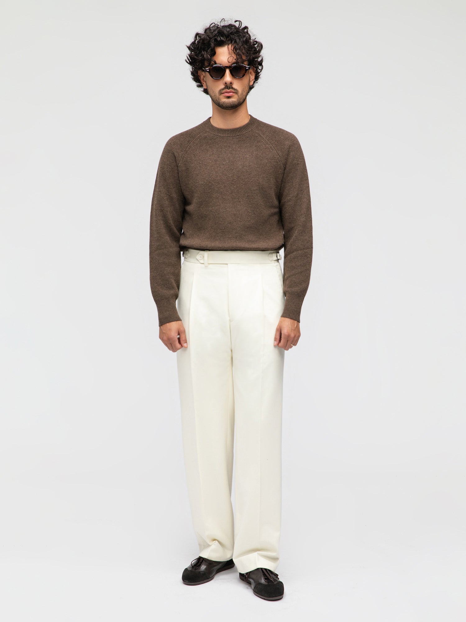 Ivory Flannel Wool Trousers (Wide Fit) - Grand Le Mar