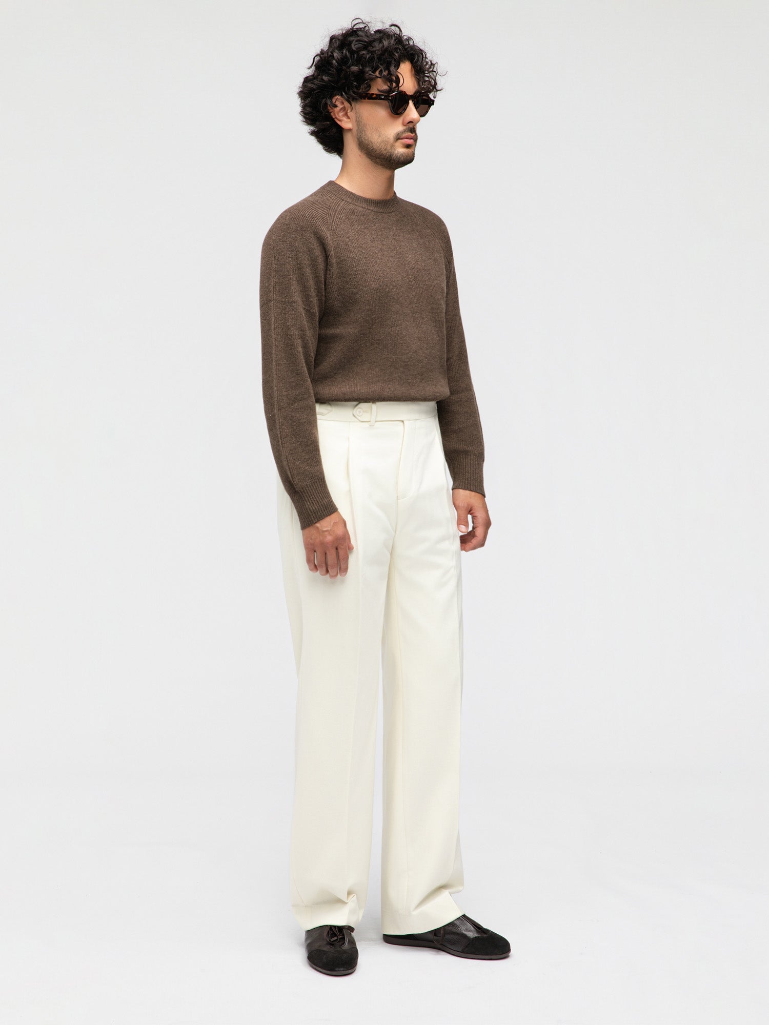Ivory Flannel Wool Trousers (Wide Fit) - Grand Le Mar