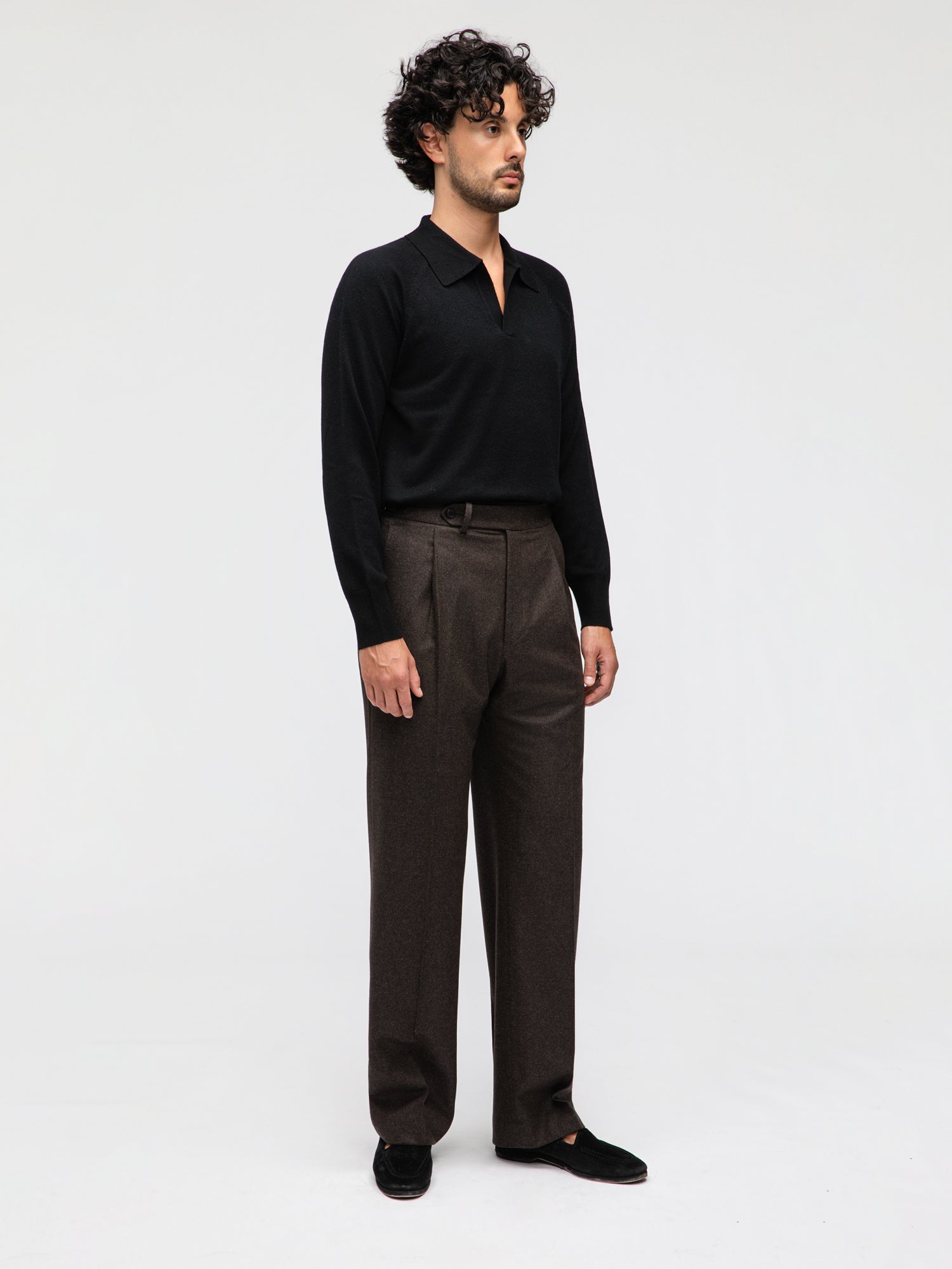 Brown Flannel Wool Trousers (Wide Fit) - Grand Le Mar