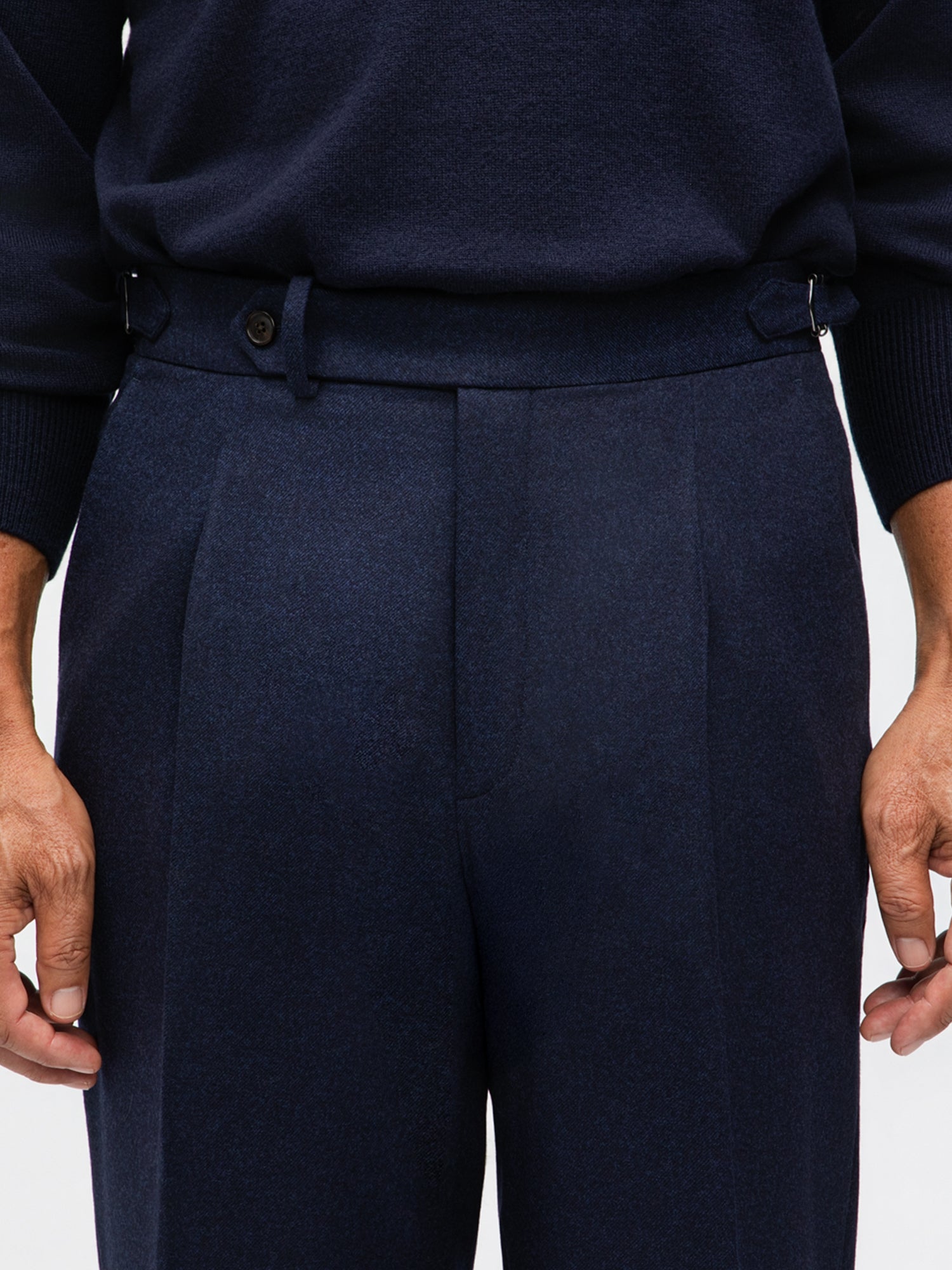 Navy Flannel Wool Trousers (Wide Fit) - Grand Le Mar