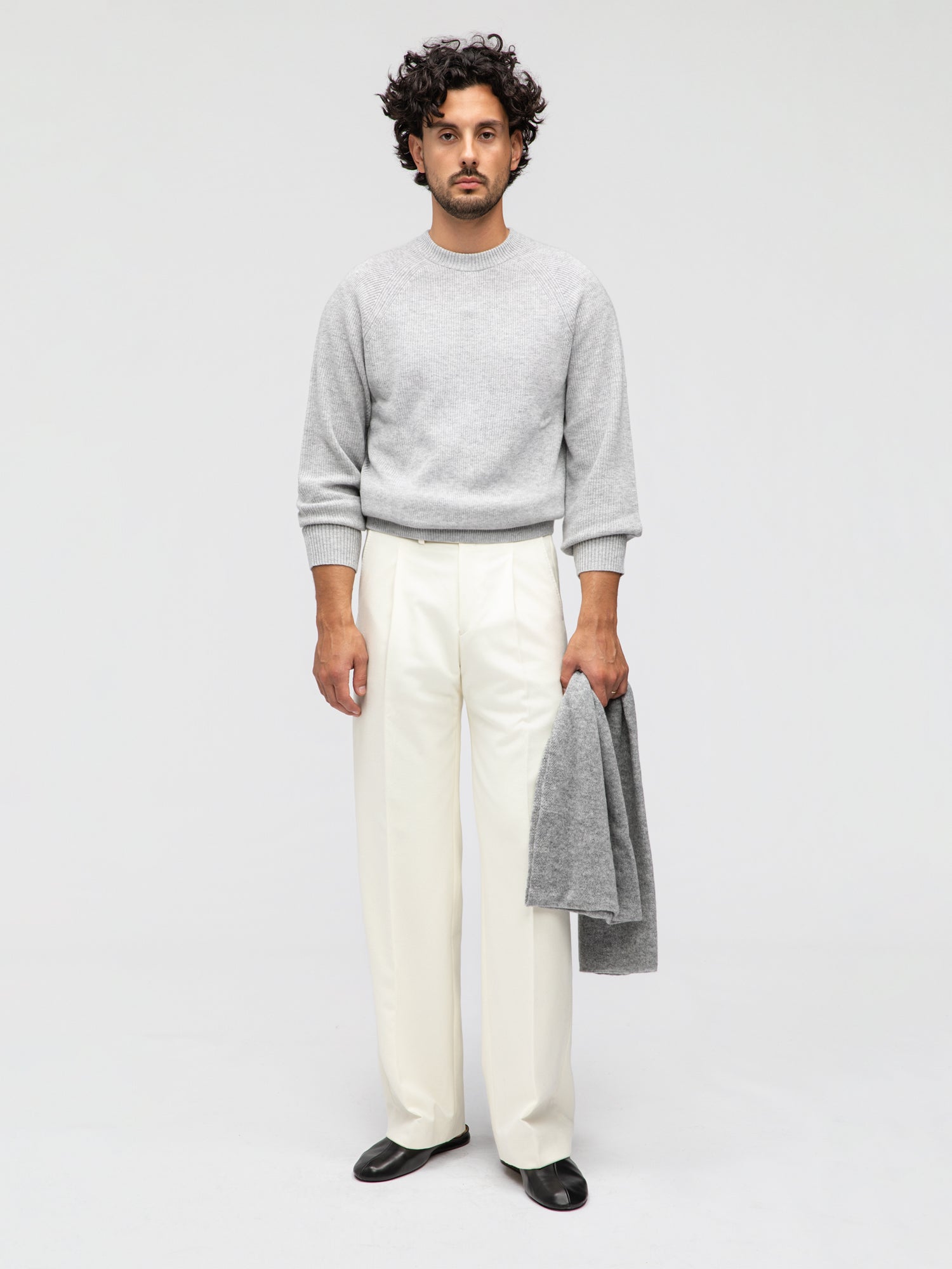 Grey Merino Wool Cashmere Raglan Crewneck - Grand Le Mar