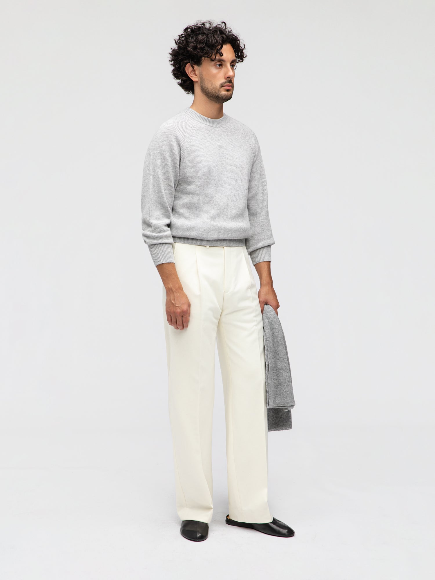 Grey Merino Wool Cashmere Raglan Crewneck - Grand Le Mar