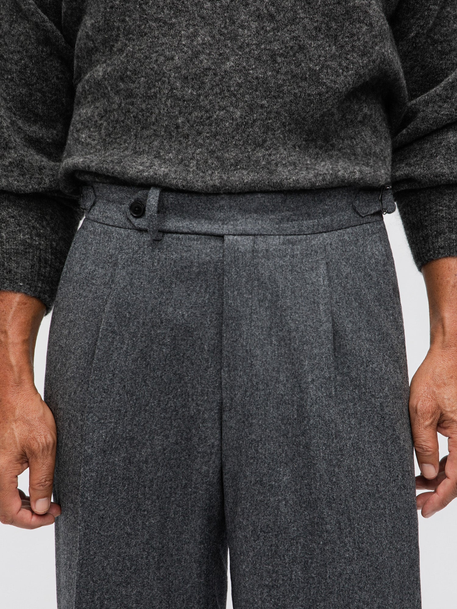 Mid Grey Flannel Wool Trousers (Wide Fit) - Grand Le Mar