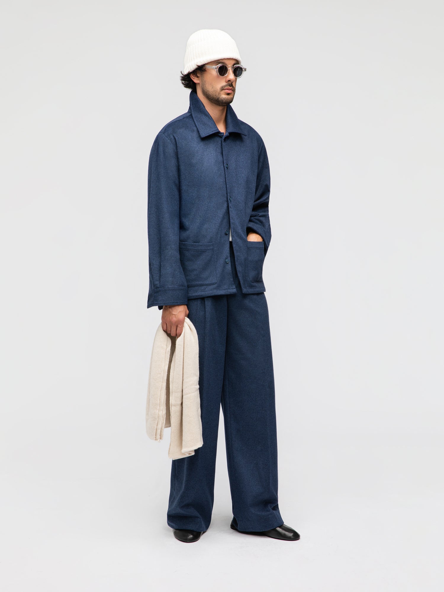 Navy Cashmere Wool Shirt Jacket - Grand Le Mar