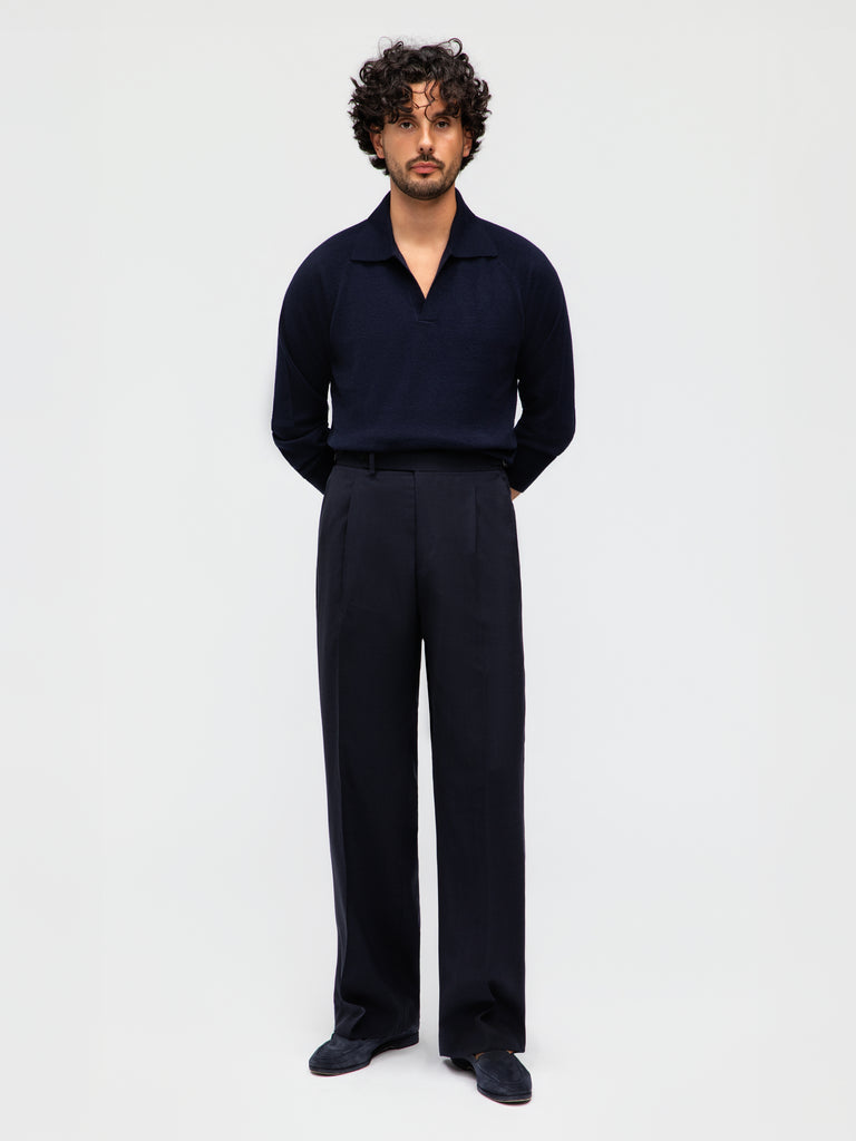 Grand Le Mar - Navy High Twist Wool Trousers (Wide Fit) – Grand Lè Mar