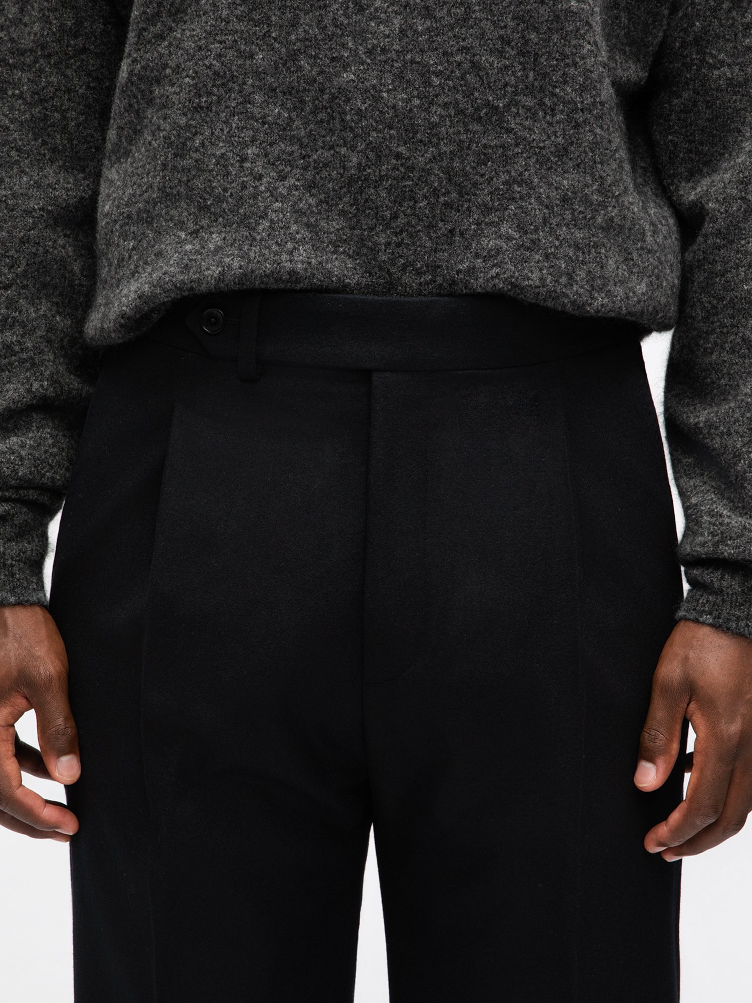 Black Flannel Wool Trousers (Wide Fit) - Grand Le Mar