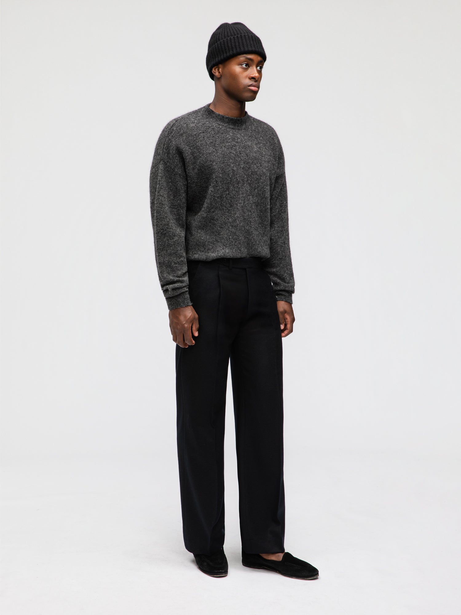 Black Flannel Wool Trousers (Wide Fit) - Grand Le Mar
