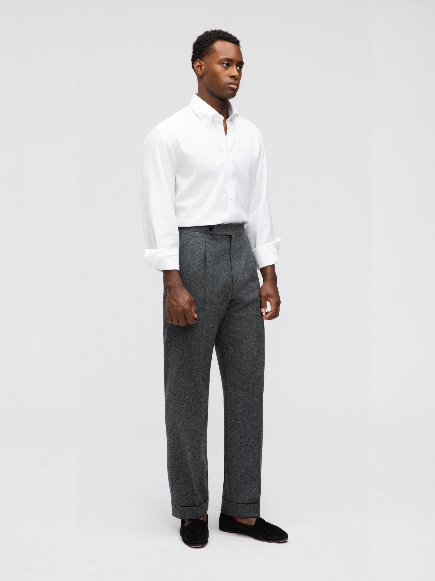 Mid Grey Flannel Wool Trousers (Straight Fit) - Grand Le Mar