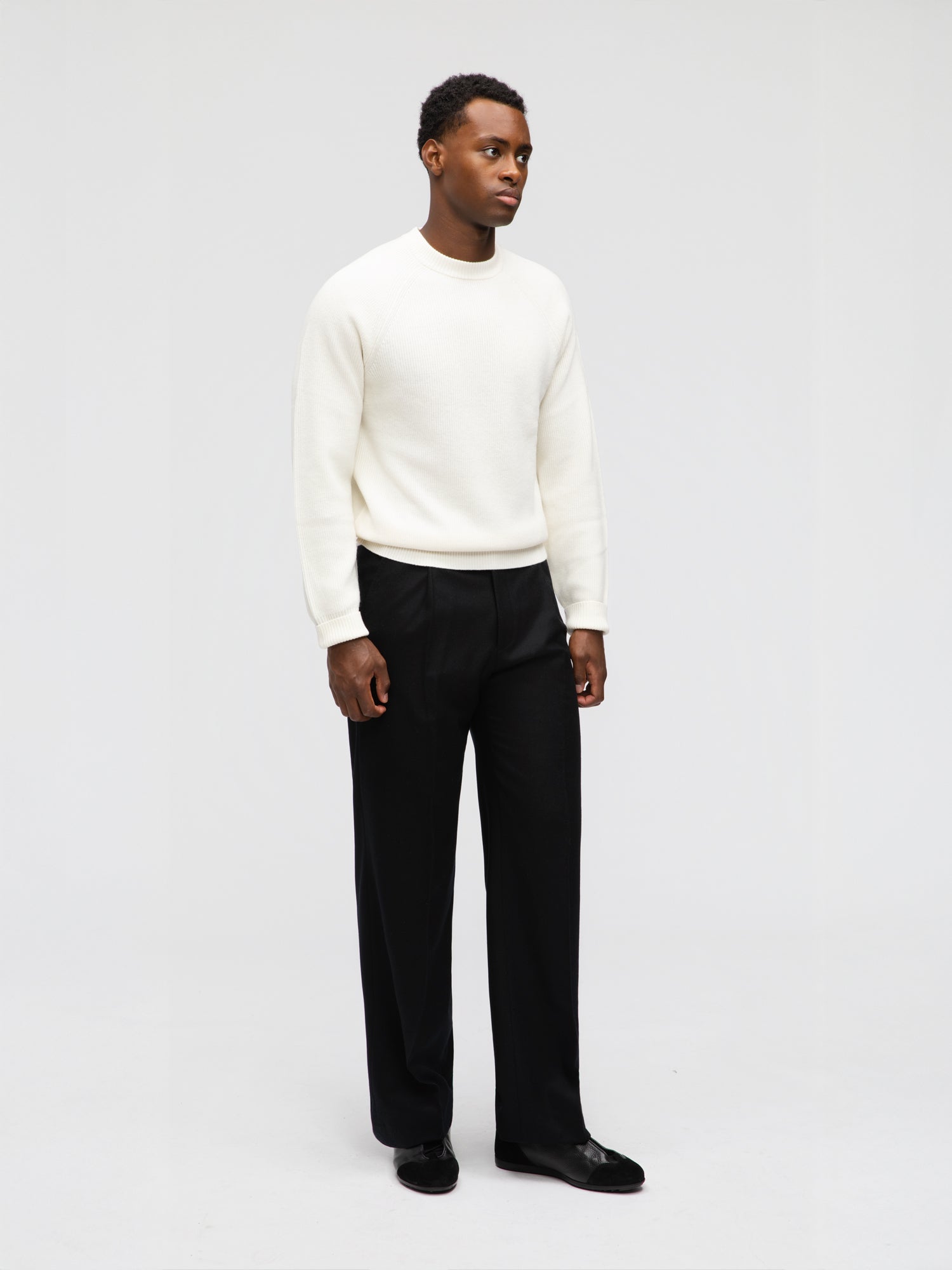 Ivory Merino Wool Cashmere Raglan Crewneck