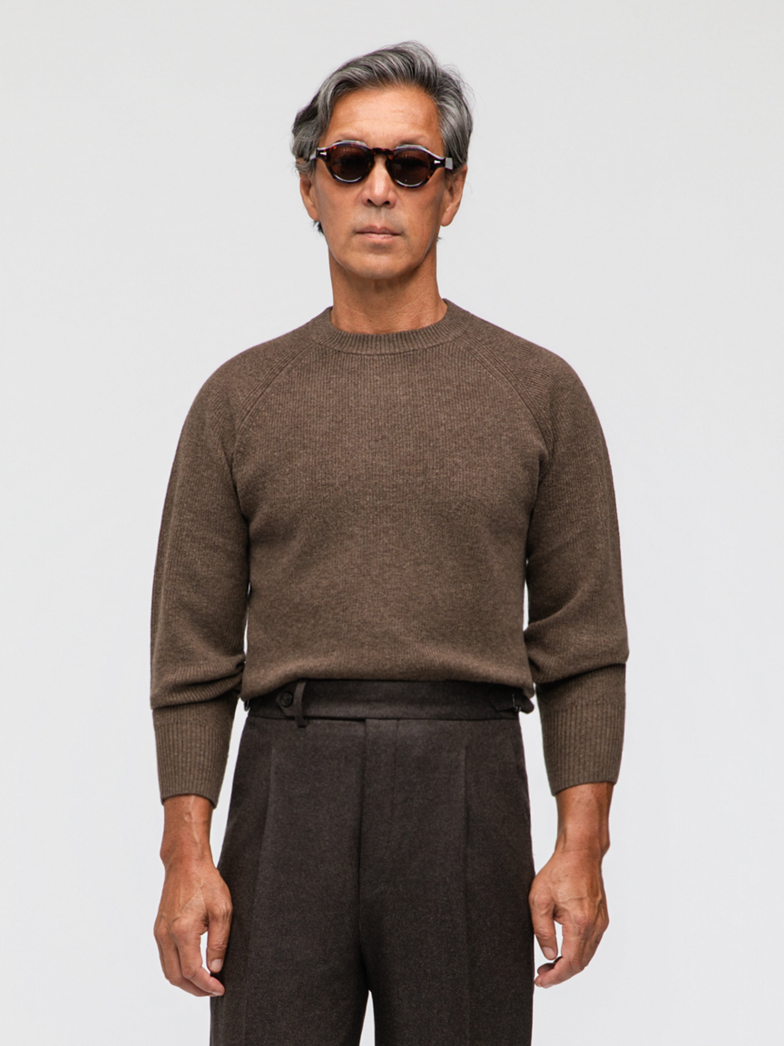 Brown Merino Wool Cashmere Crewneck - Grand Le Mar
