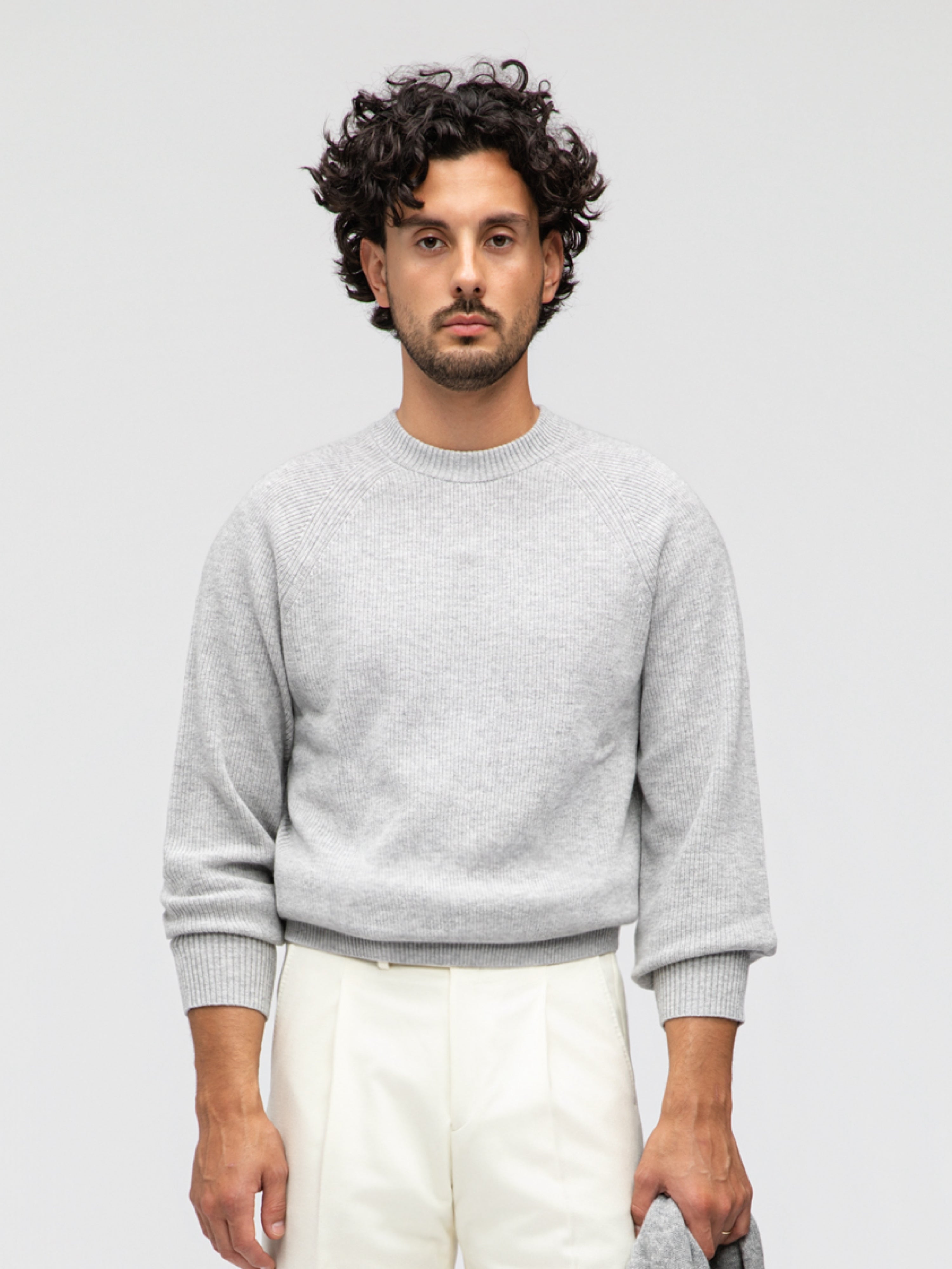 Grey Merino Wool Cashmere Raglan Crewneck - Grand Le Mar
