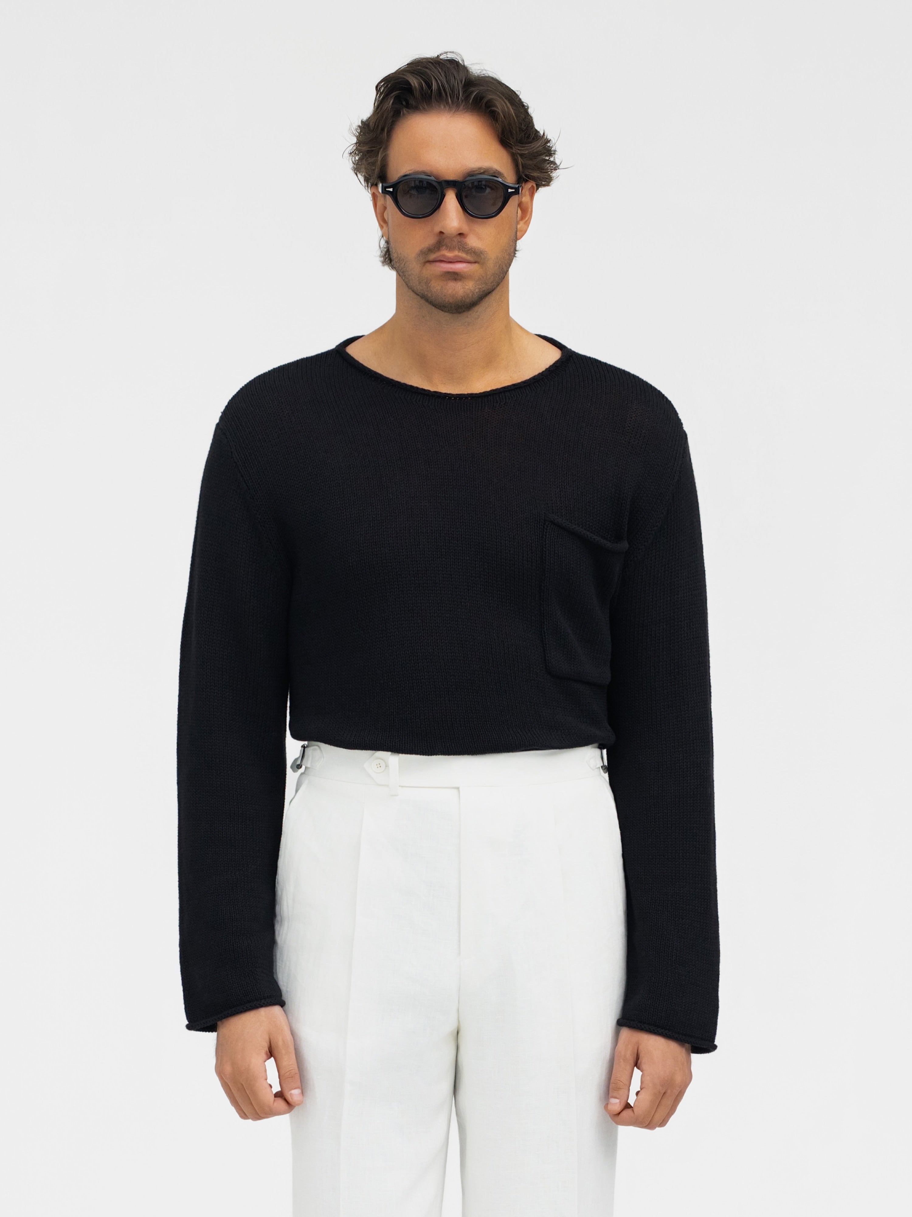 Black Cotton Linen Roll Neck - Grand Le Mar