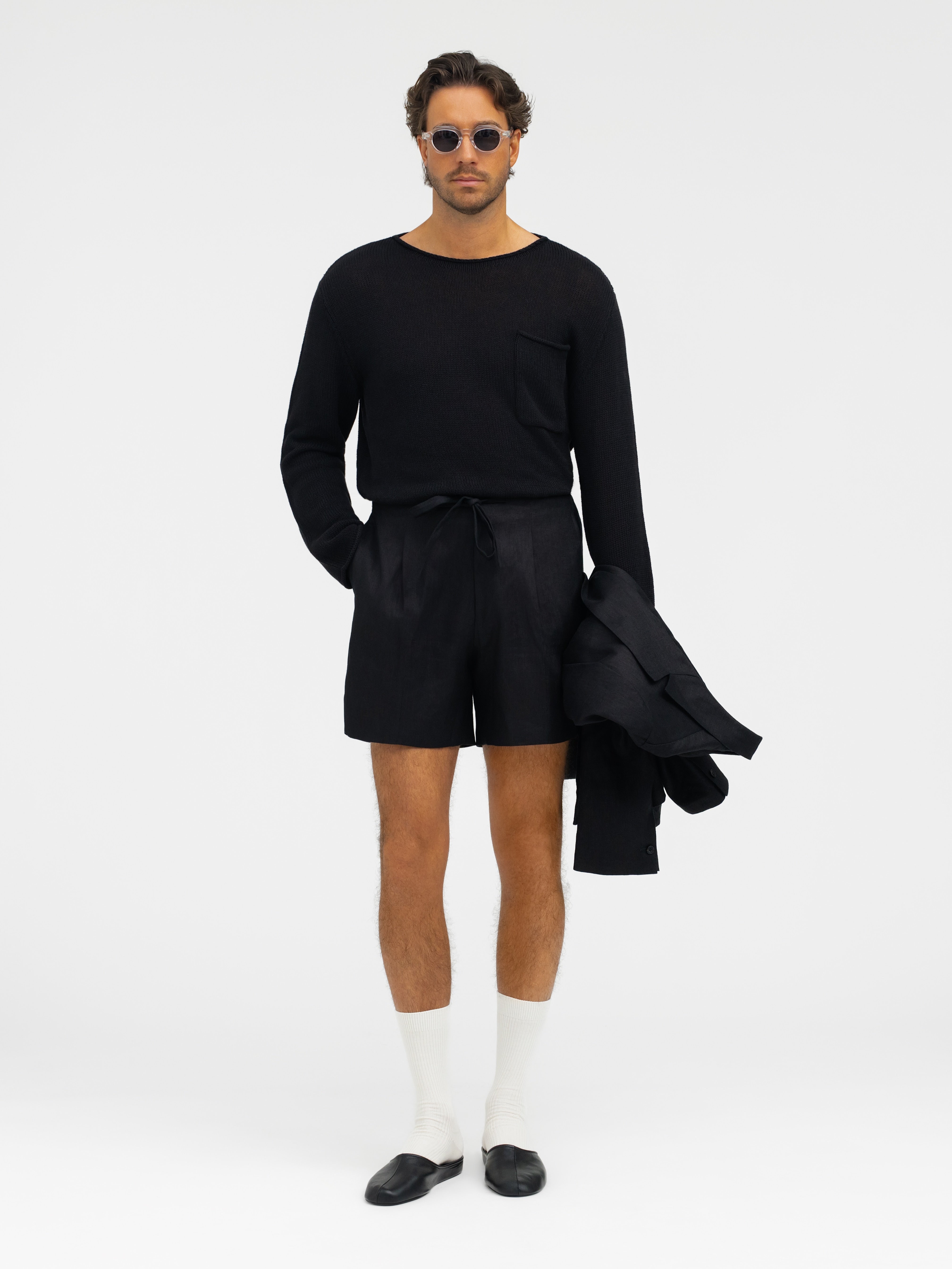 Black Linen Drawstring Shorts (Wide Fit) - Grand Le Mar