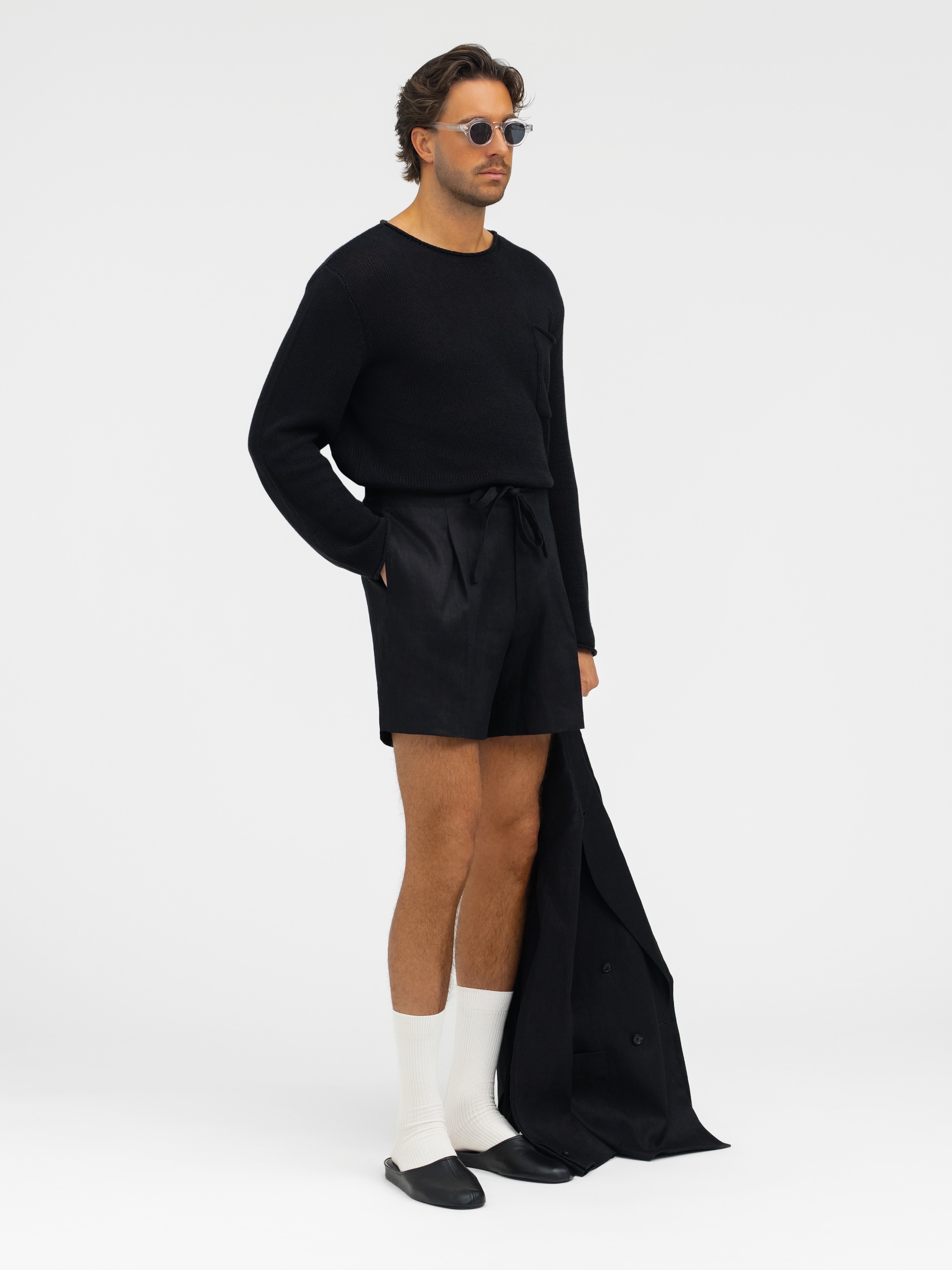 Black Linen Drawstring Shorts (Wide Fit) - Grand Le Mar