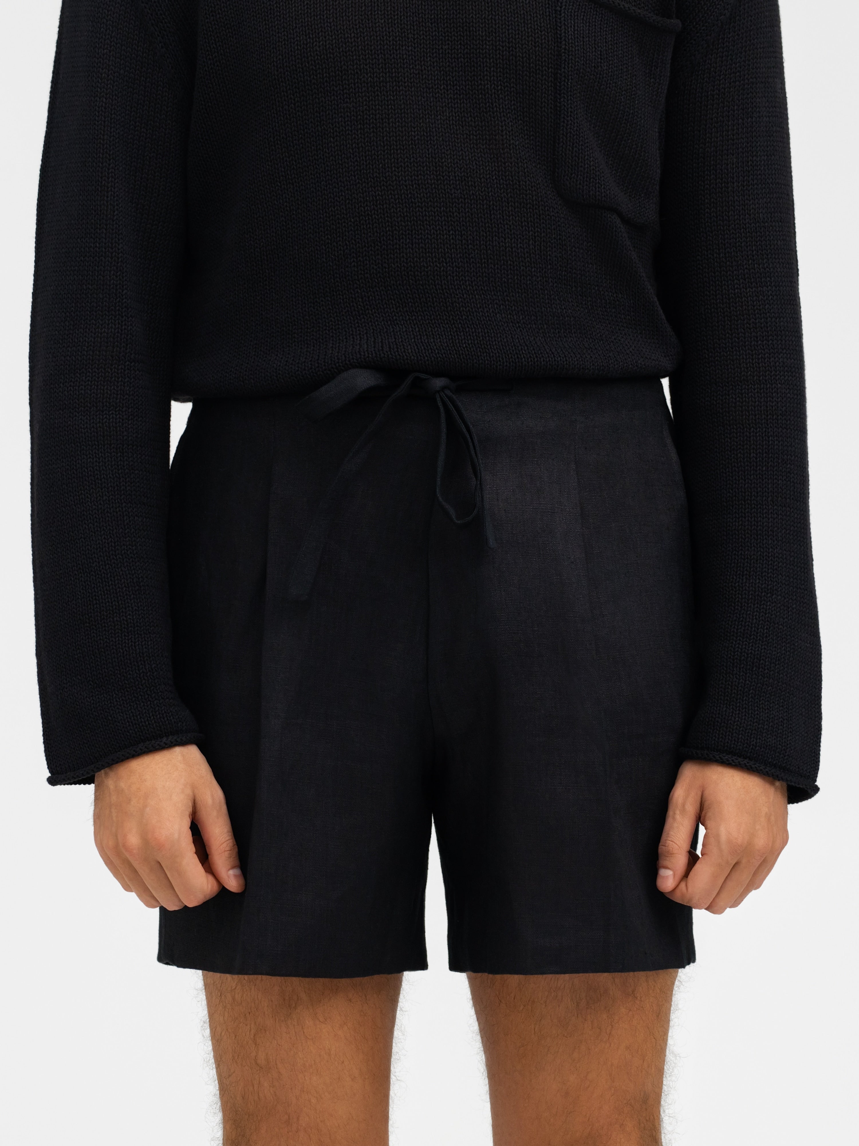 Black Linen Drawstring Shorts (Wide Fit) - Grand Le Mar