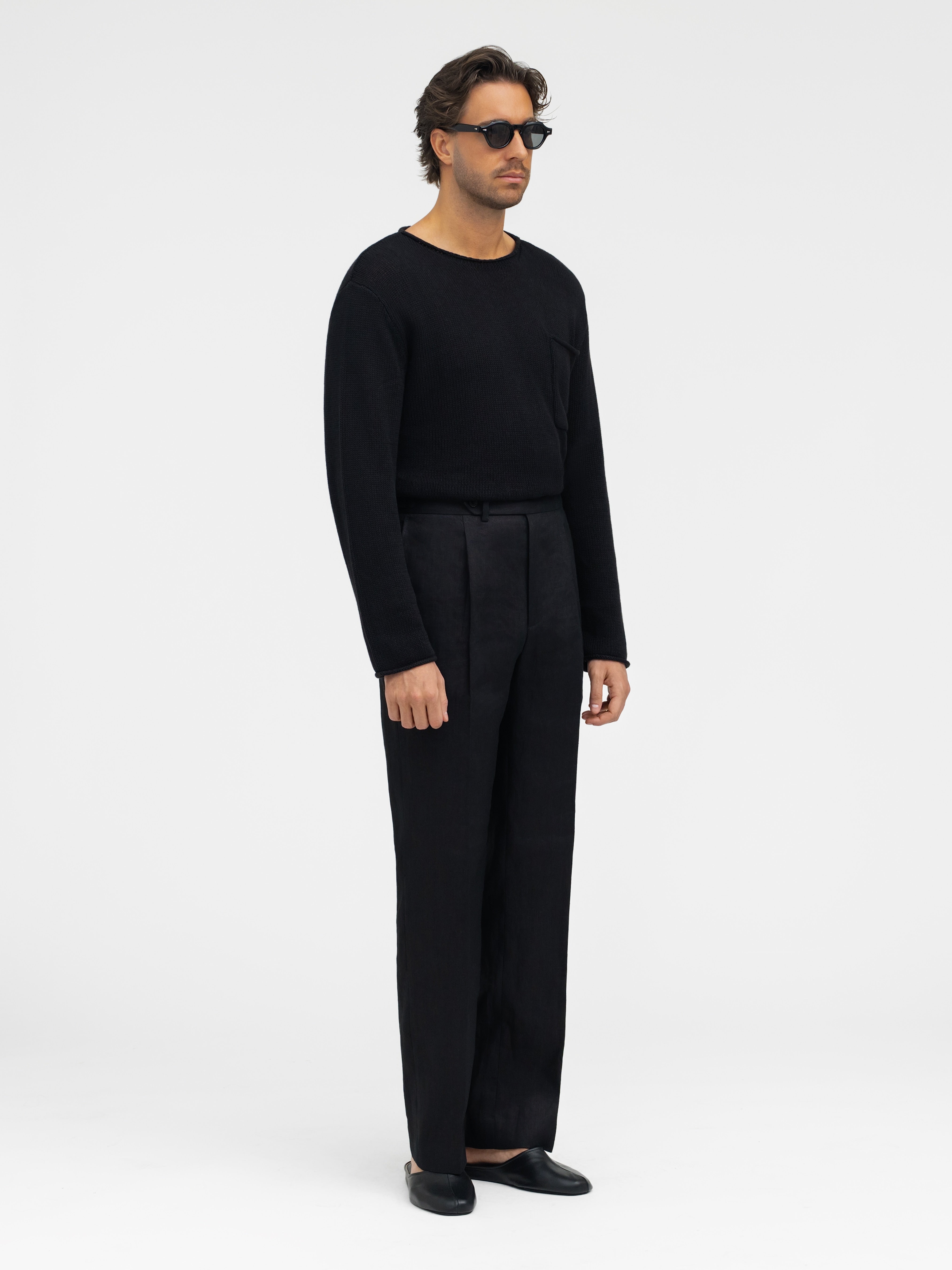Black Linen Trousers (Wide Fit) - Grand Le Mar