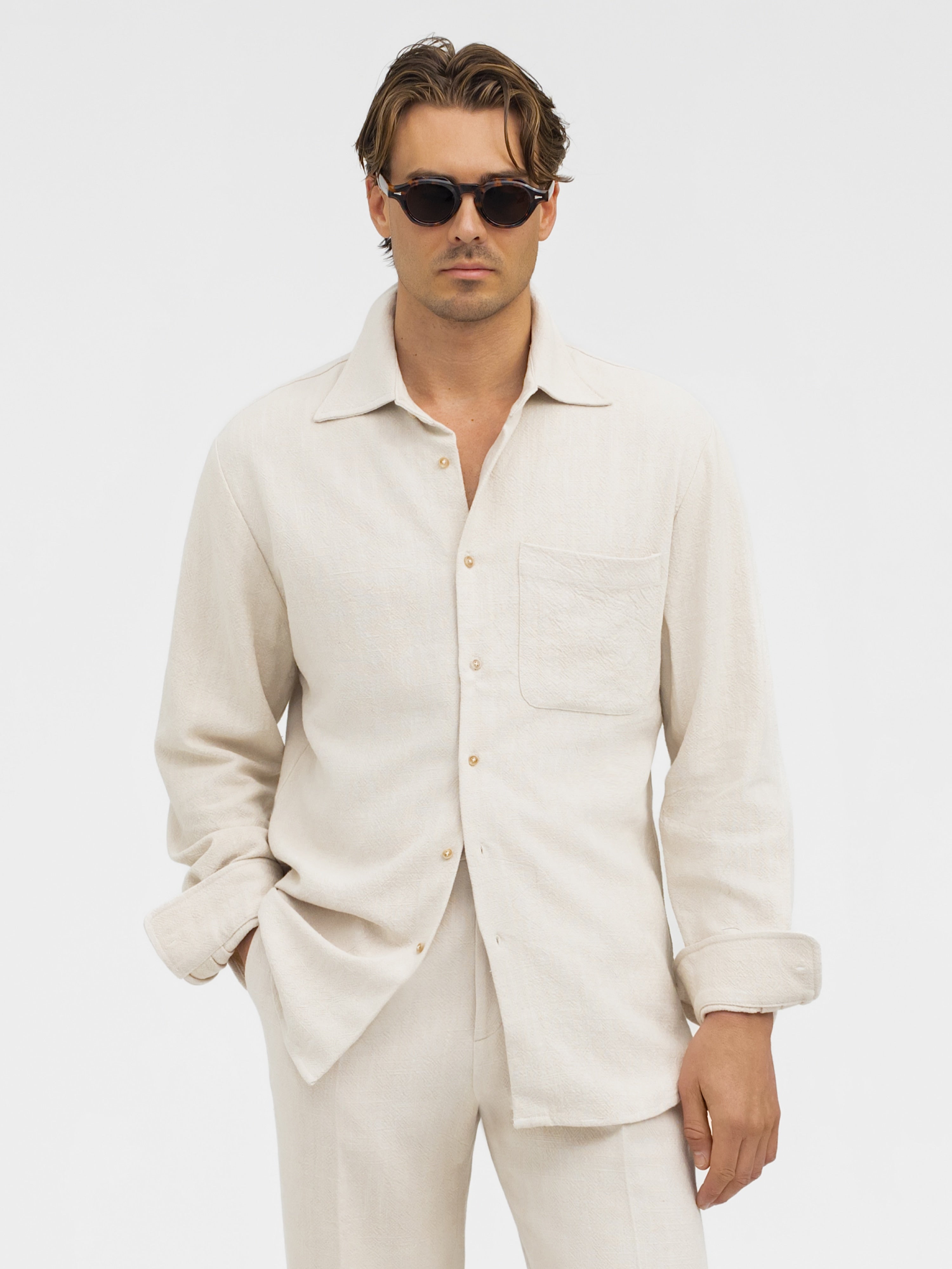 Cream Stonewashed Linen Shirt - Grand Le Mar