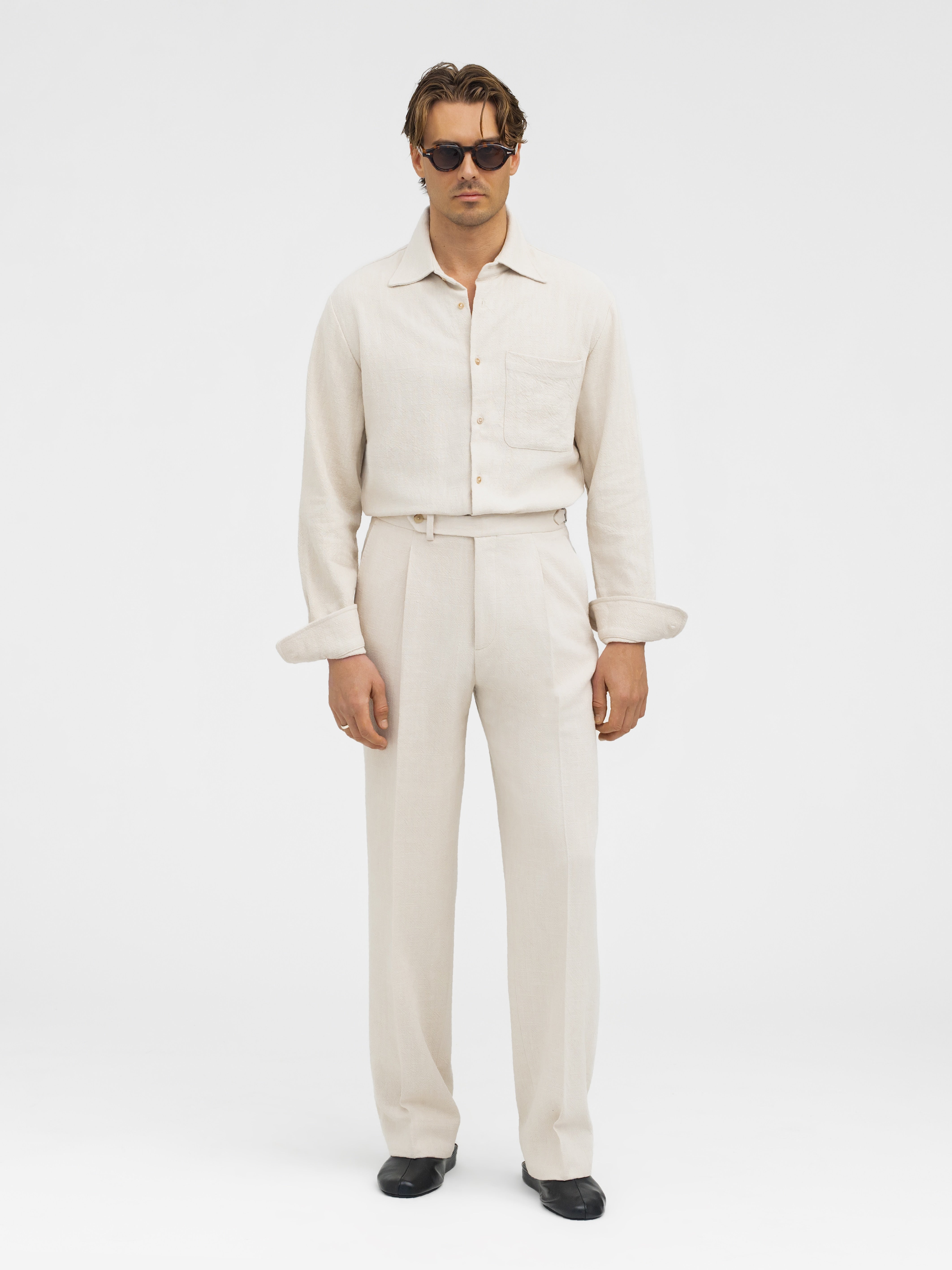 Cream Stonewashed Linen Trousers (Wide Fit) - Grand Le Mar