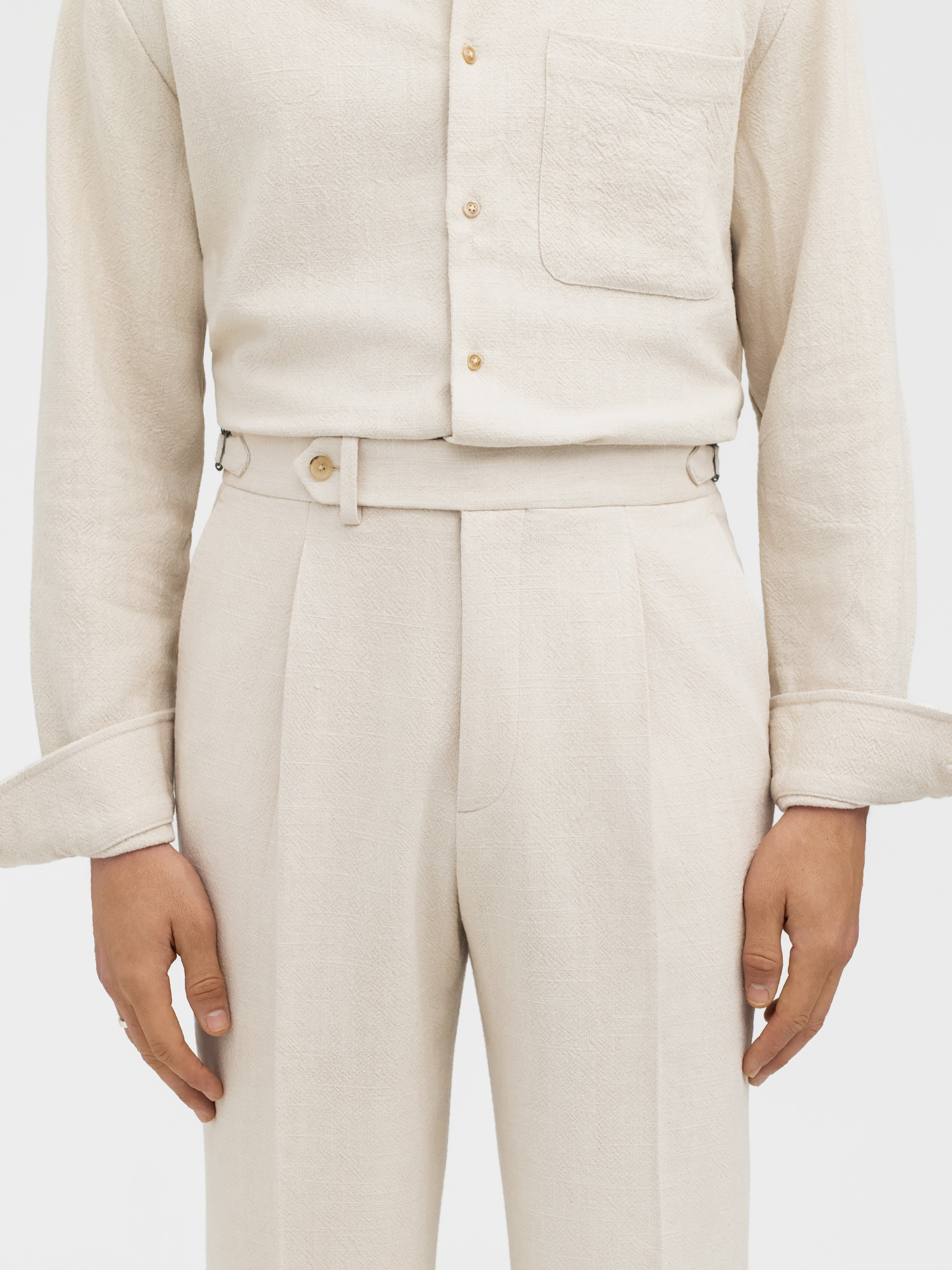 Cream Stonewashed Linen Trousers (Wide Fit) - Grand Le Mar