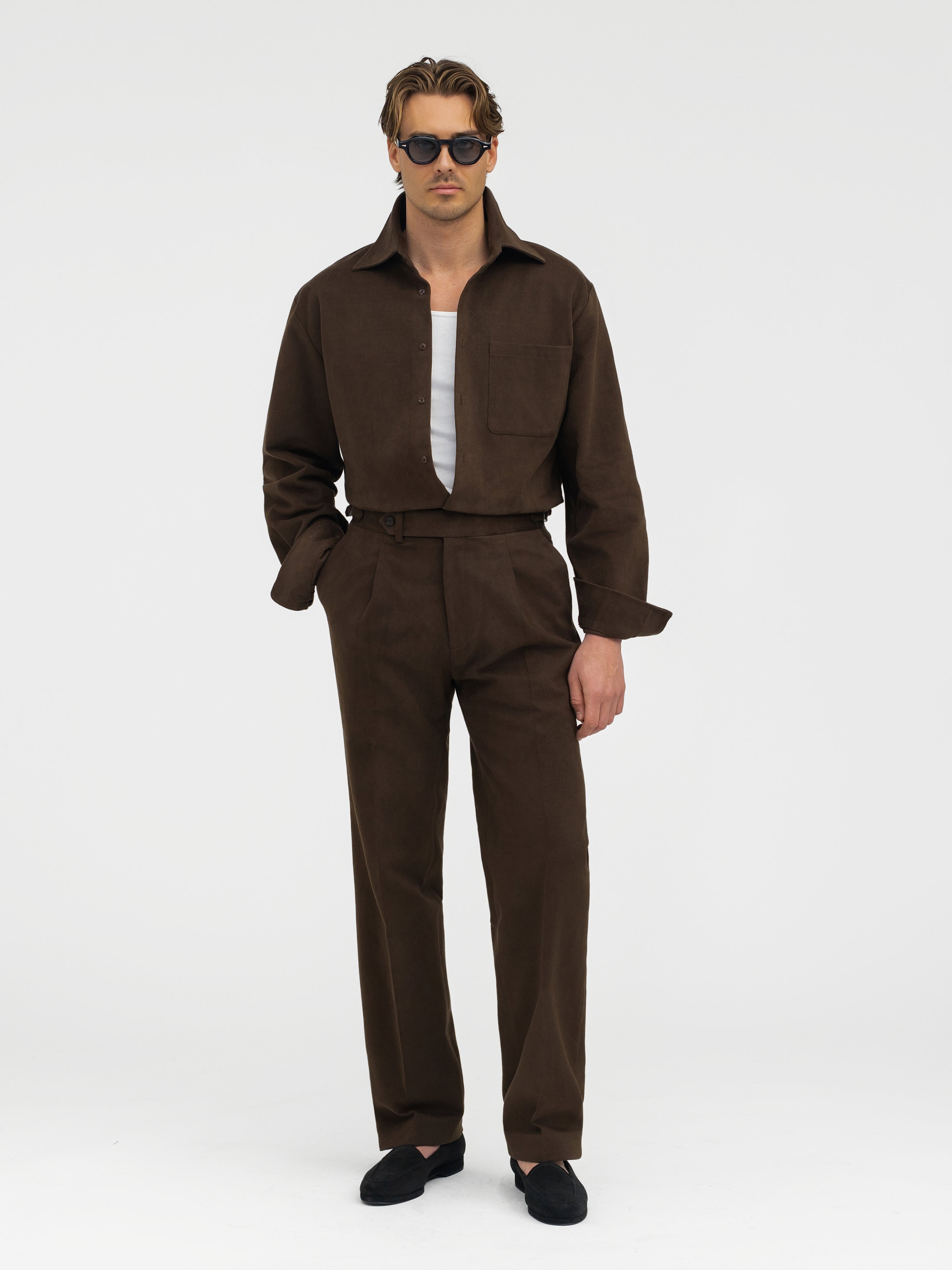 Dark Brown Cotton Trousers (Wide Fit) - Grand Le Mar