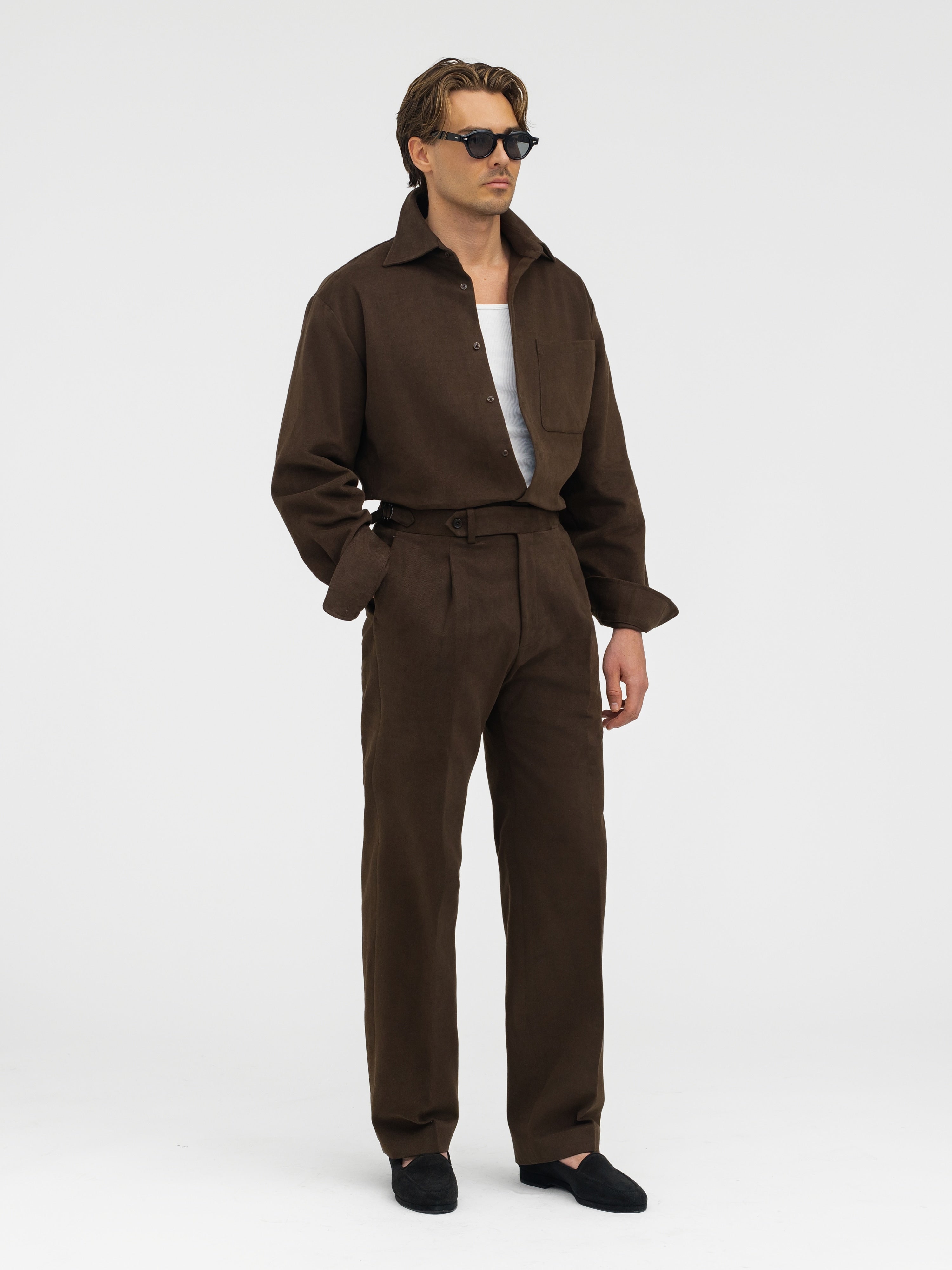 Dark Brown Cotton Trousers (Wide Fit) - Grand Le Mar