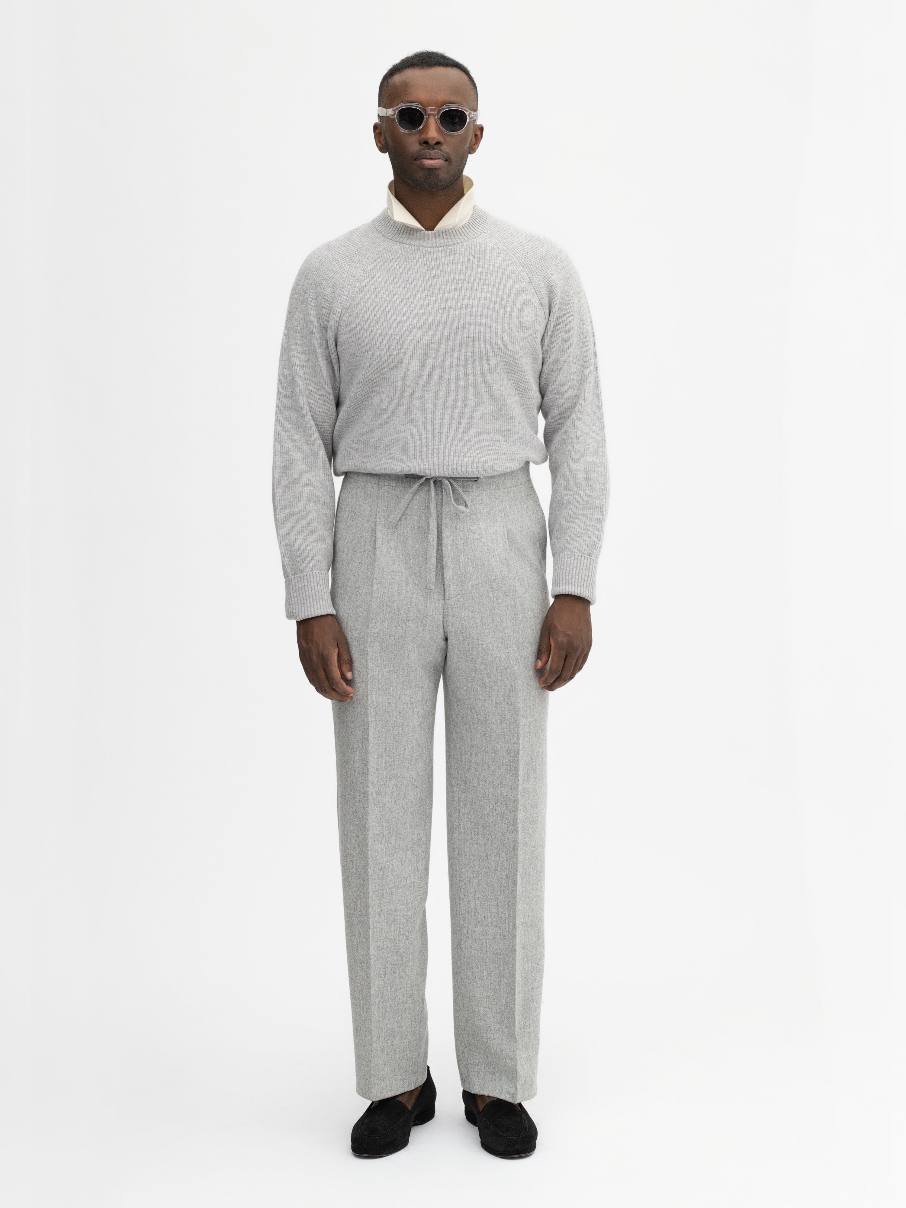 Grey Flannel Wool Drawstring Trousers (Straight Fit) - Grand Le Mar
