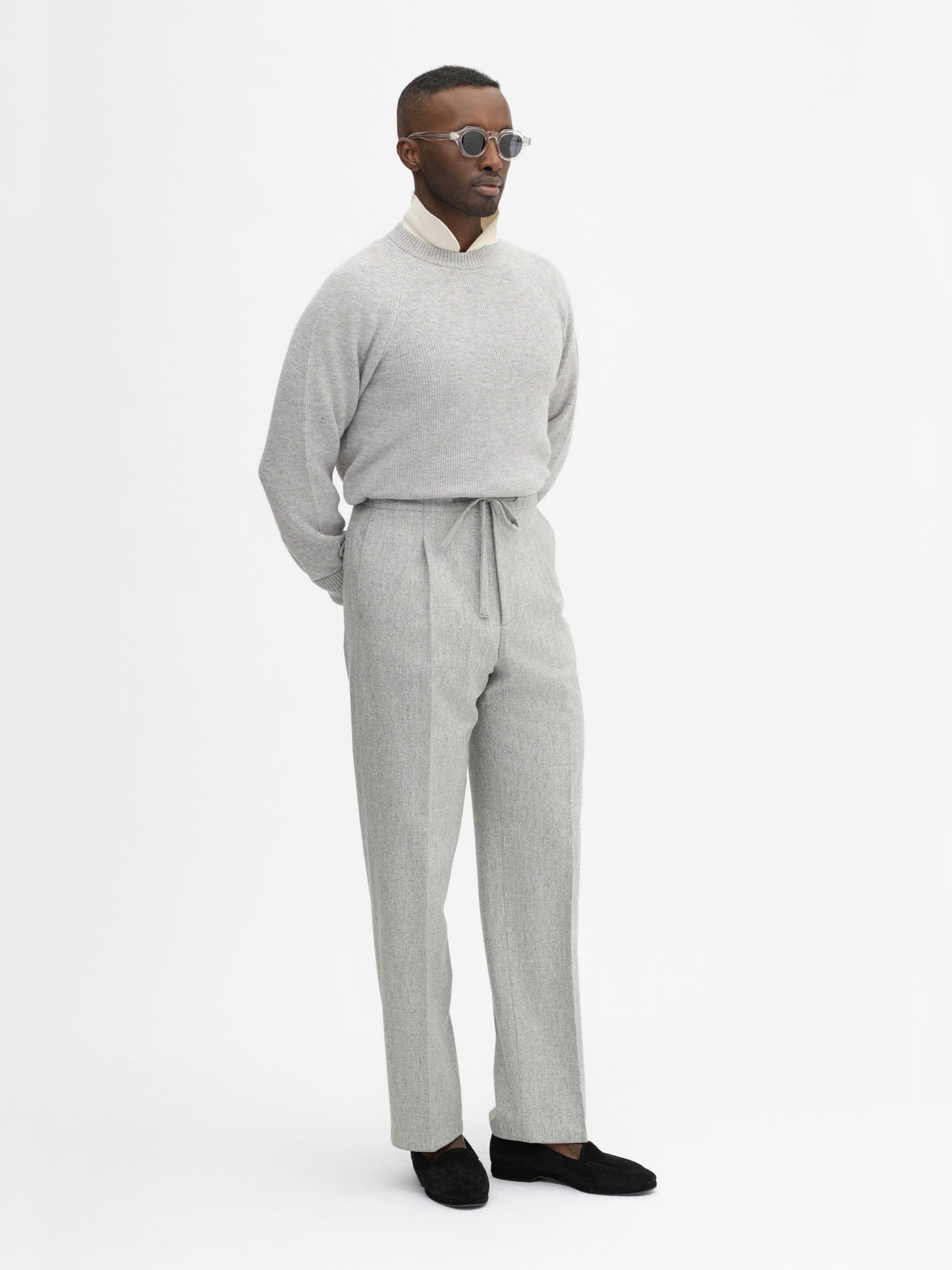 Grey Flannel Wool Drawstring Trousers (Straight Fit) - Grand Le Mar