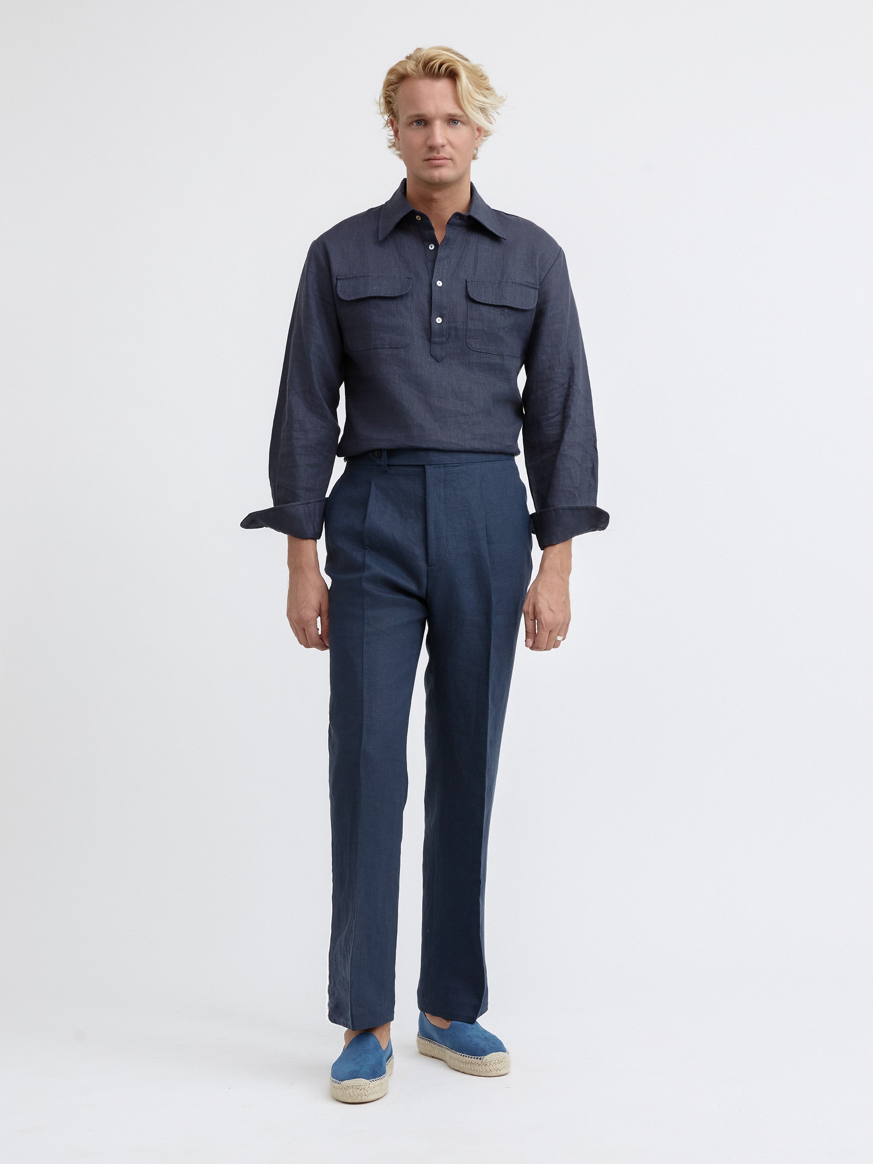 Navy Linen Trousers (Straight Fit) SS24 - Grand Le Mar