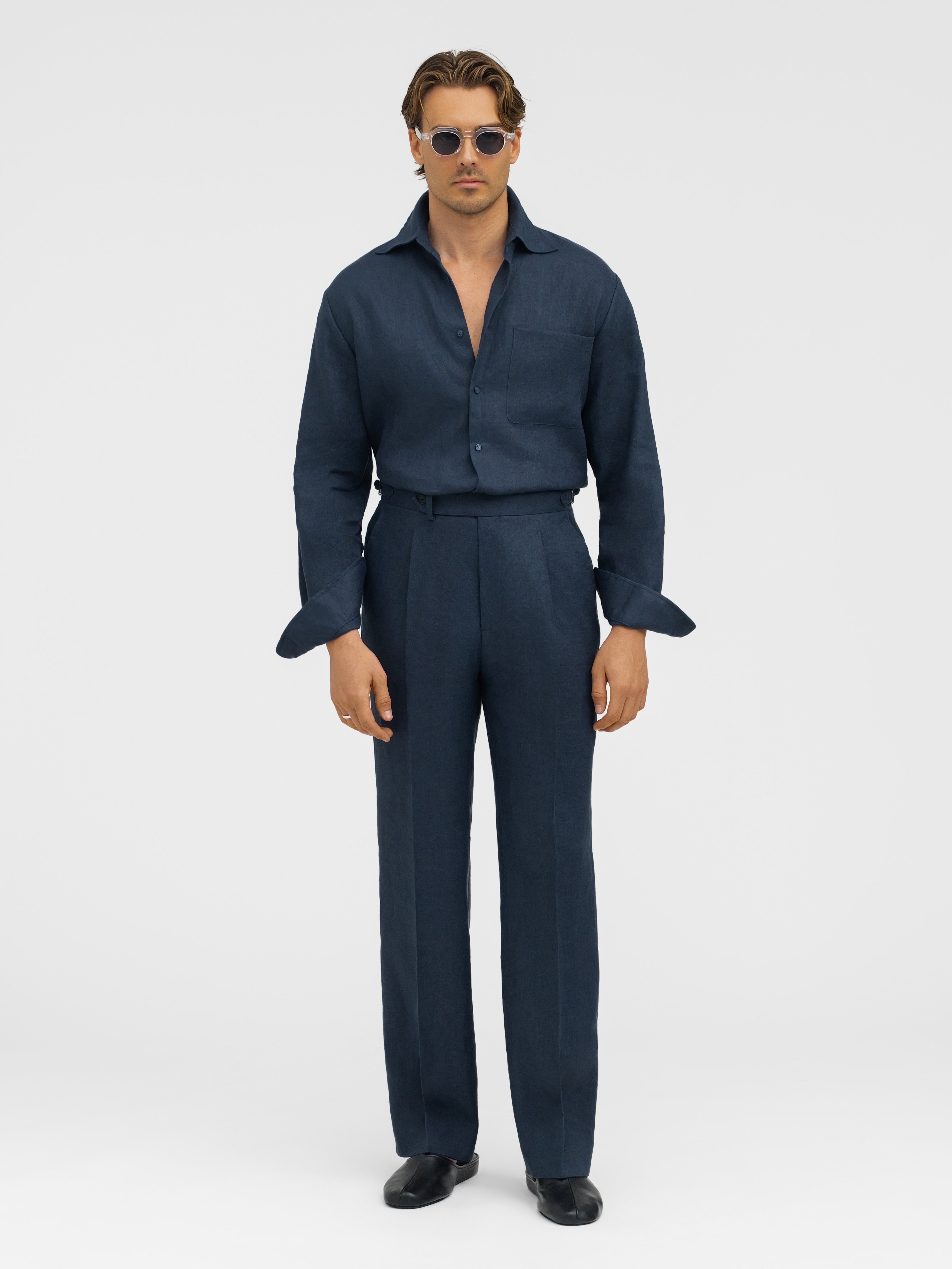 Navy Linen Trousers (Wide Fit) - Grand Le Mar