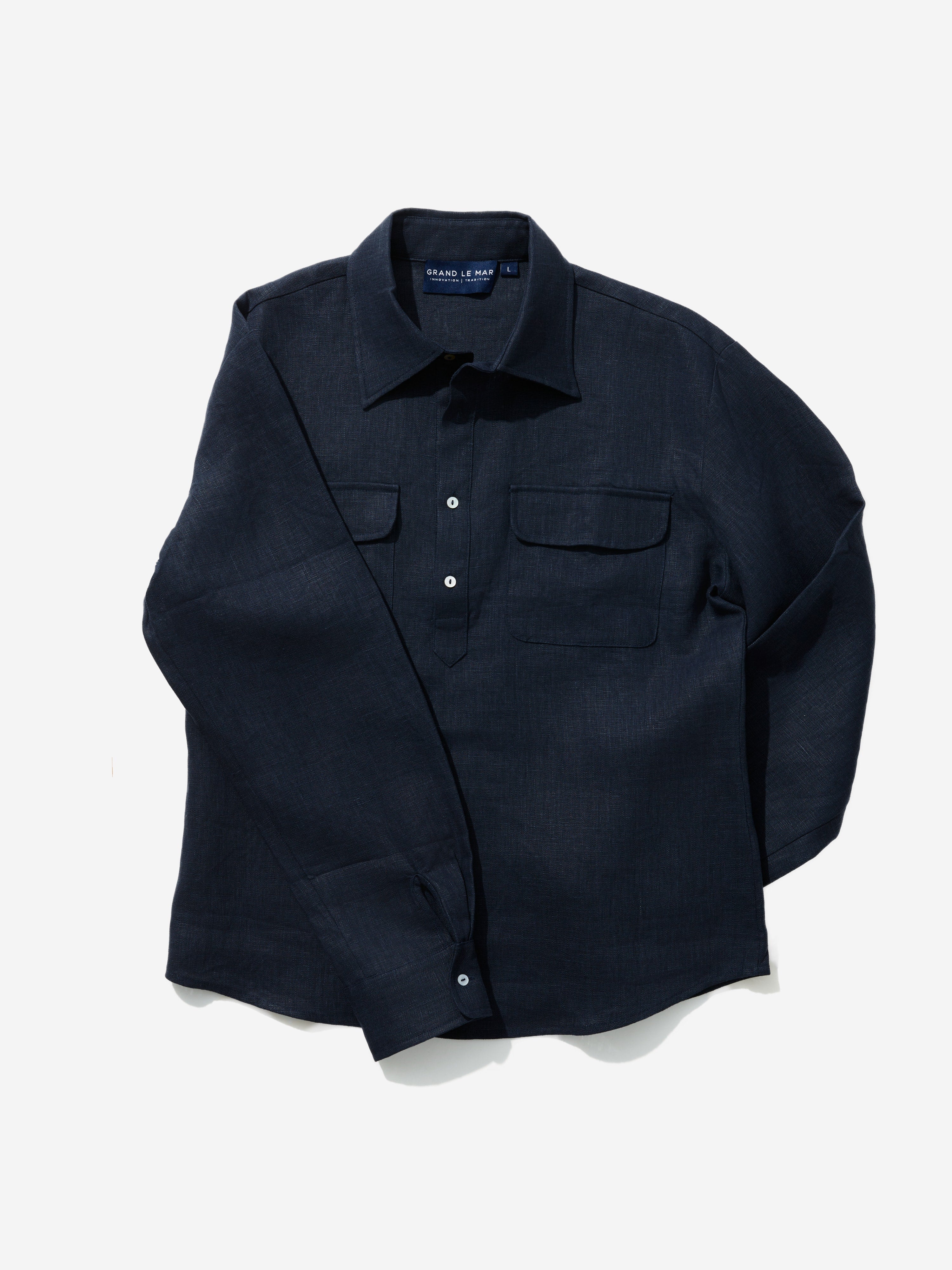 Navy Linen Popover Shirt - Grand Le Mar