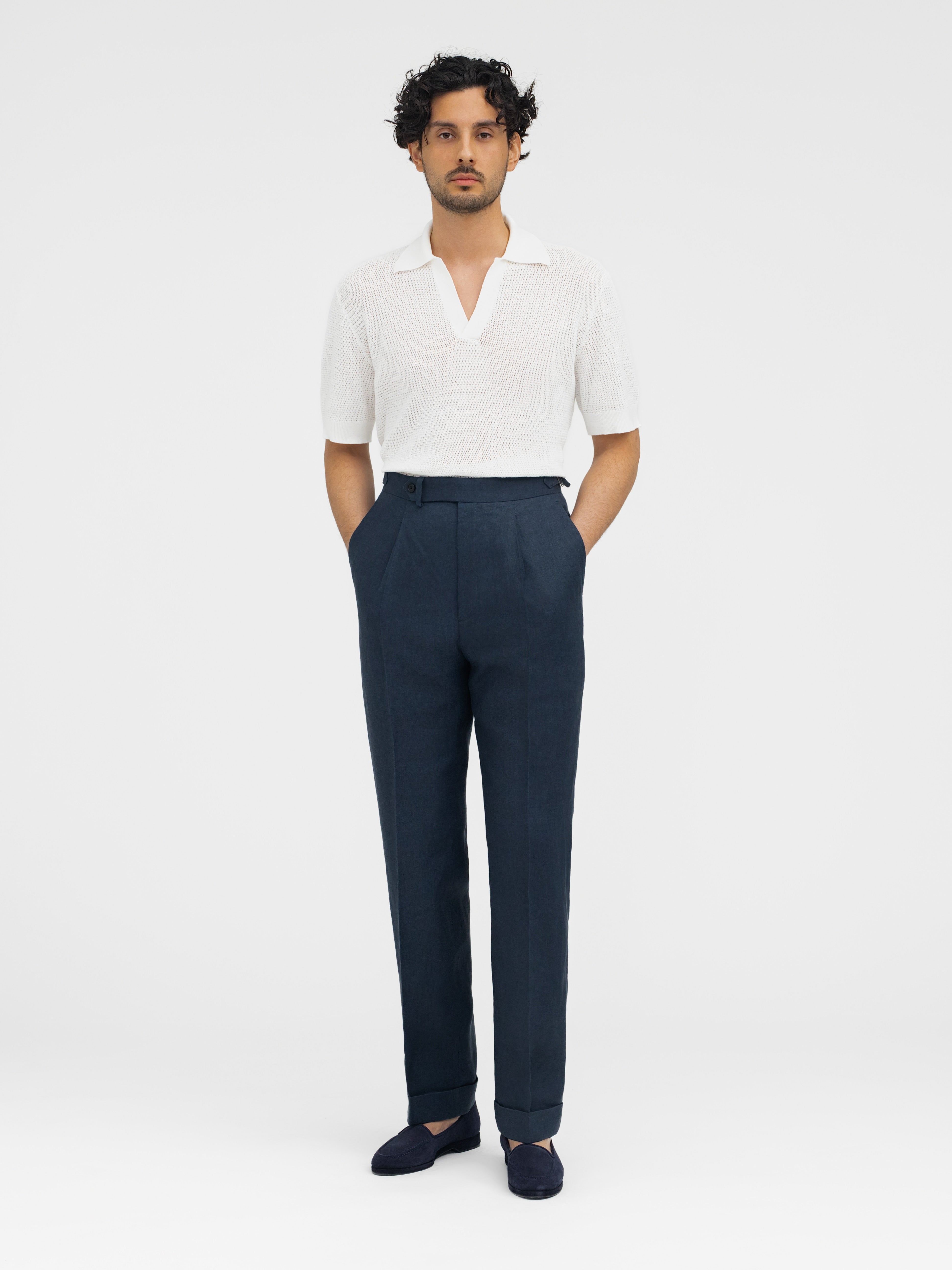 Navy Linen Trousers (Straight Fit) - Grand Le Mar