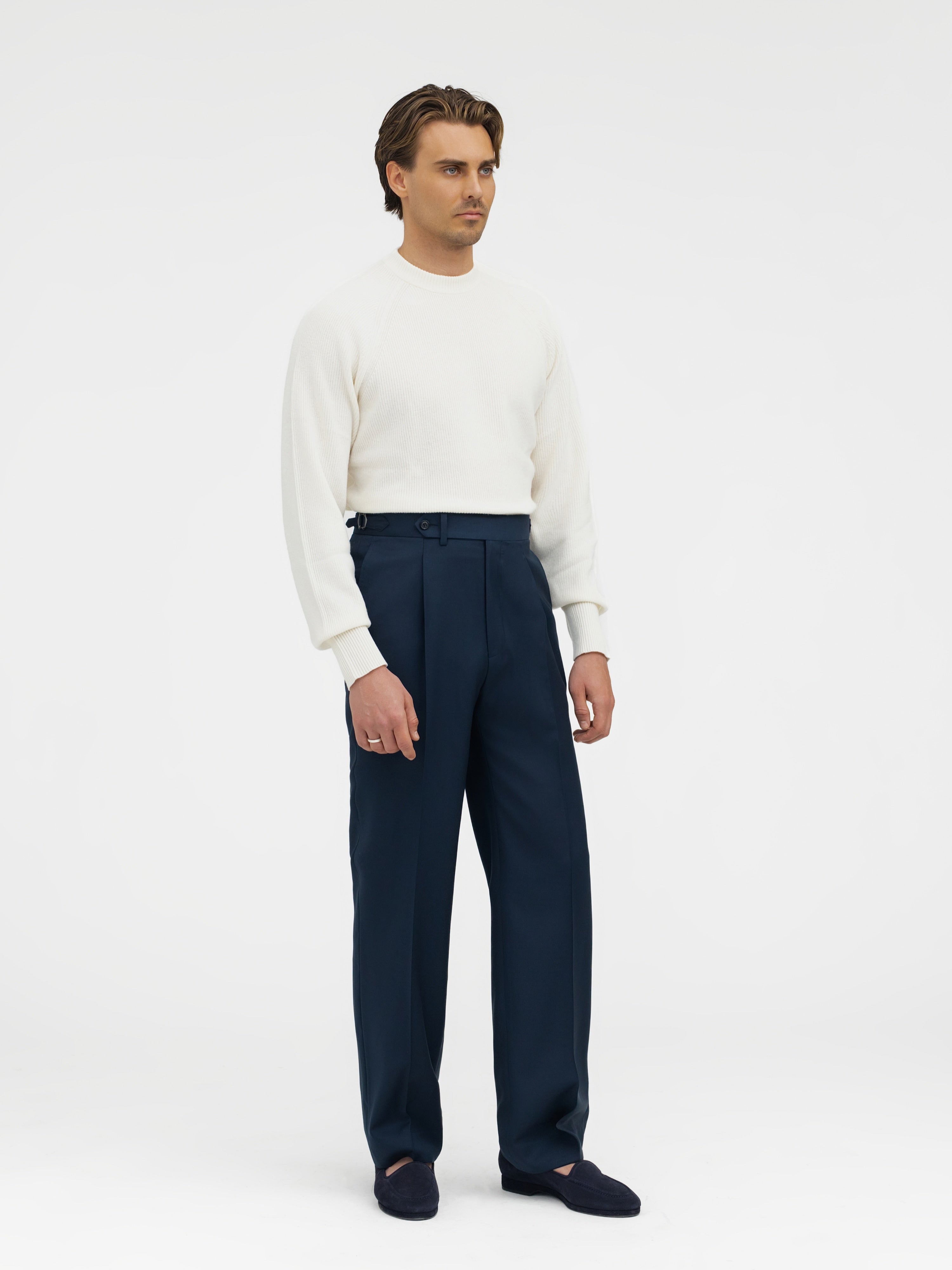 Navy Wool Trousers (Wide Fit) - Grand Le Mar