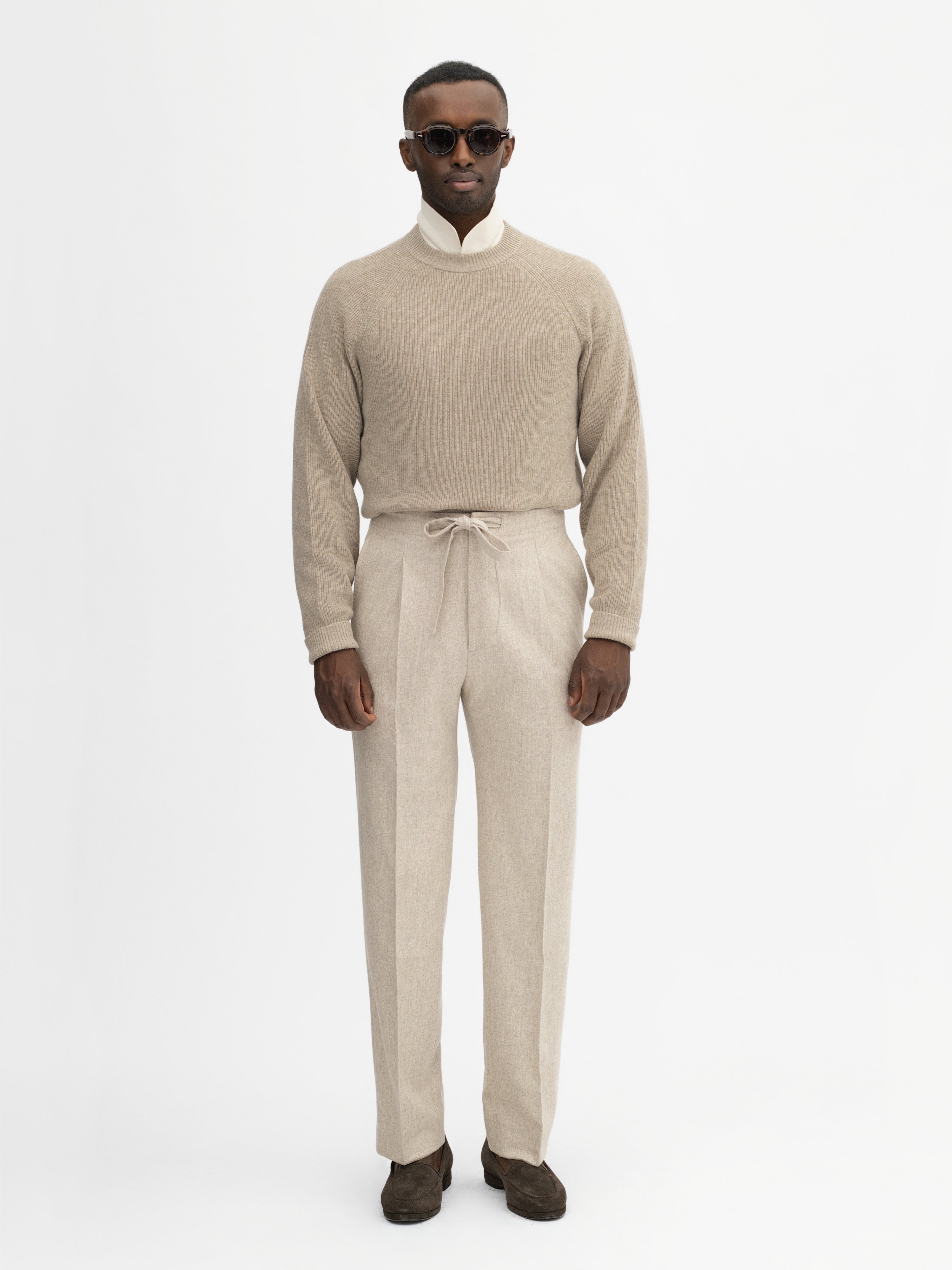 Oatmeal Flannel Wool Drawstring Trousers (Straight Fit) - Grand Le Mar