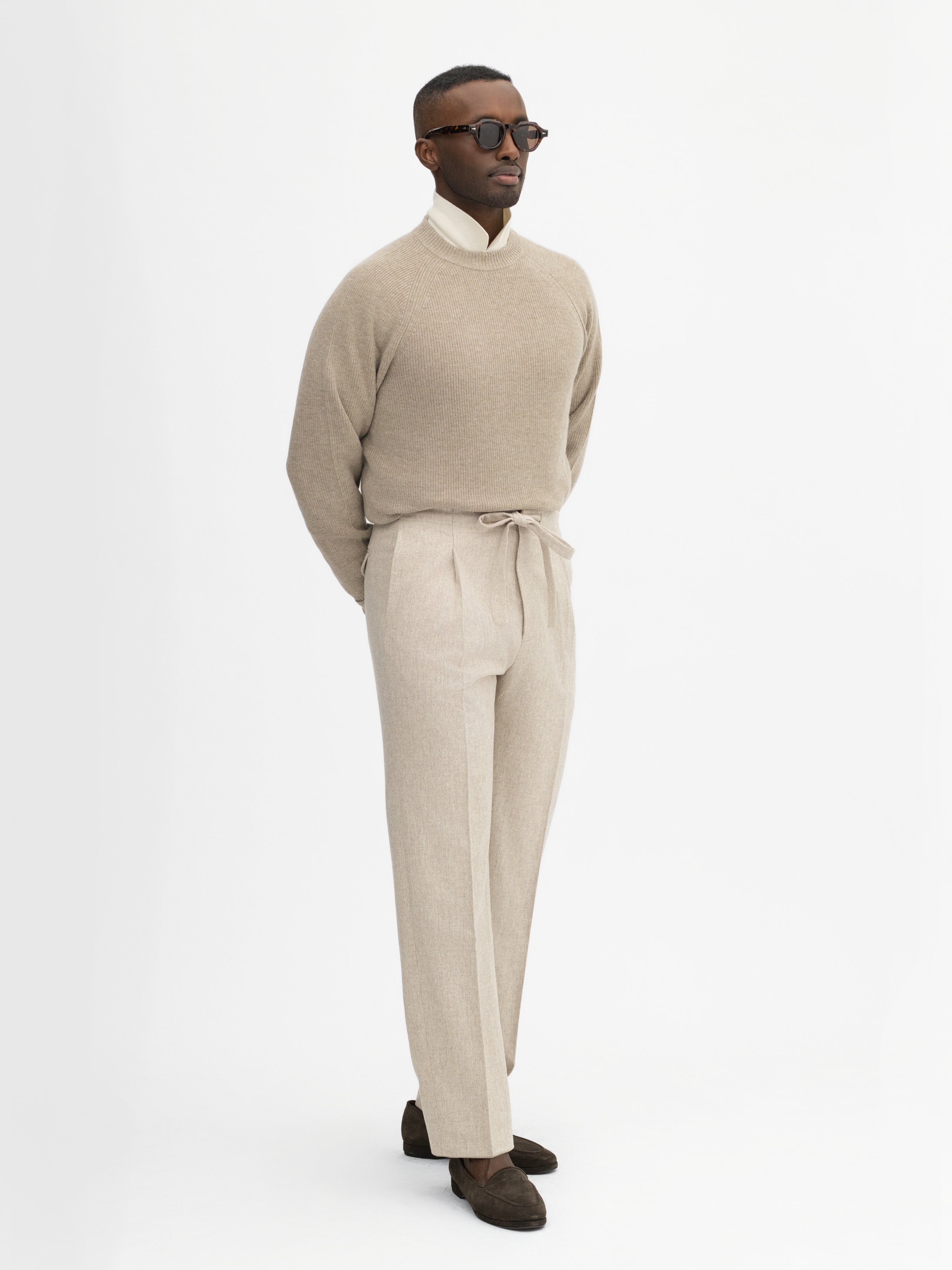 Oatmeal Flannel Wool Drawstring Trousers (Straight Fit) - Grand Le Mar