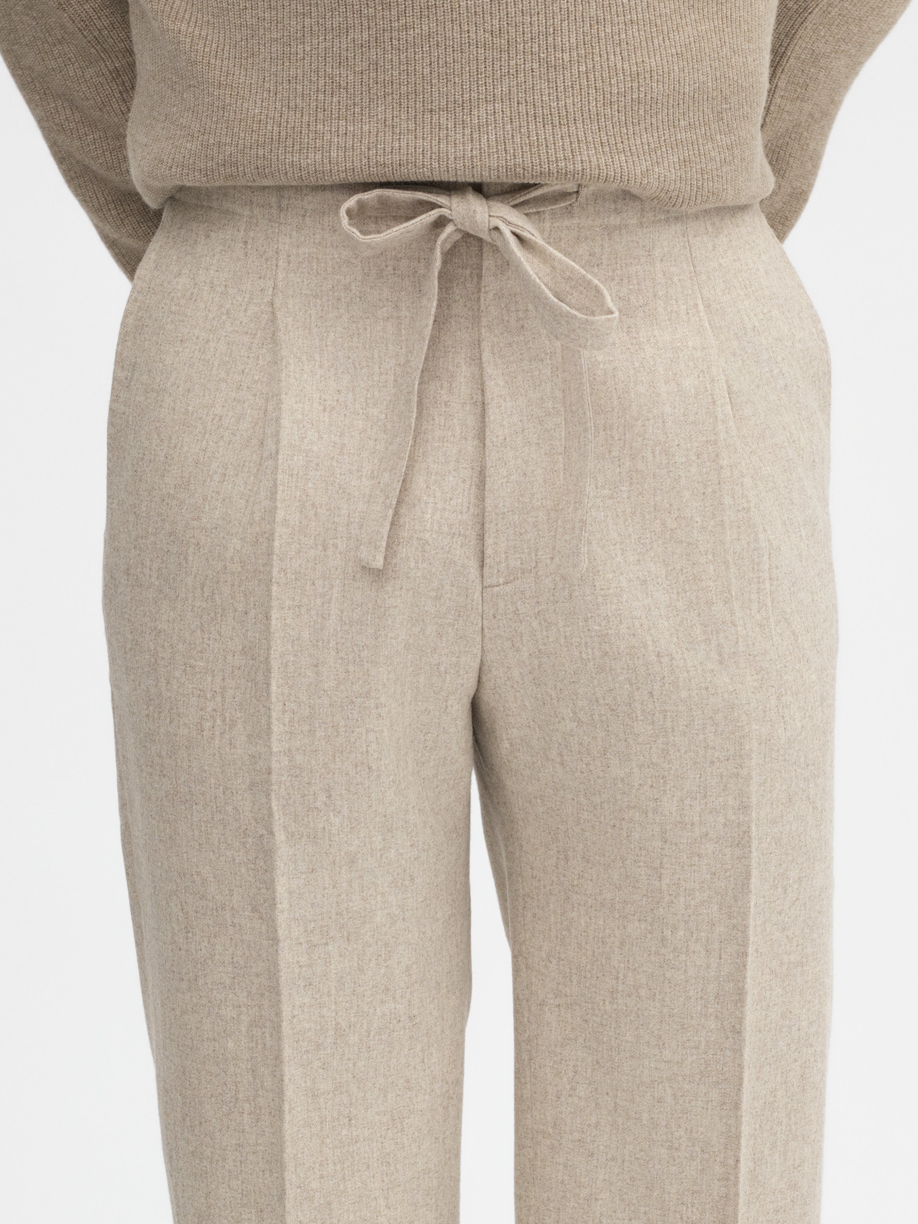 Oatmeal Flannel Wool Drawstring Trousers (Straight Fit) - Grand Le Mar