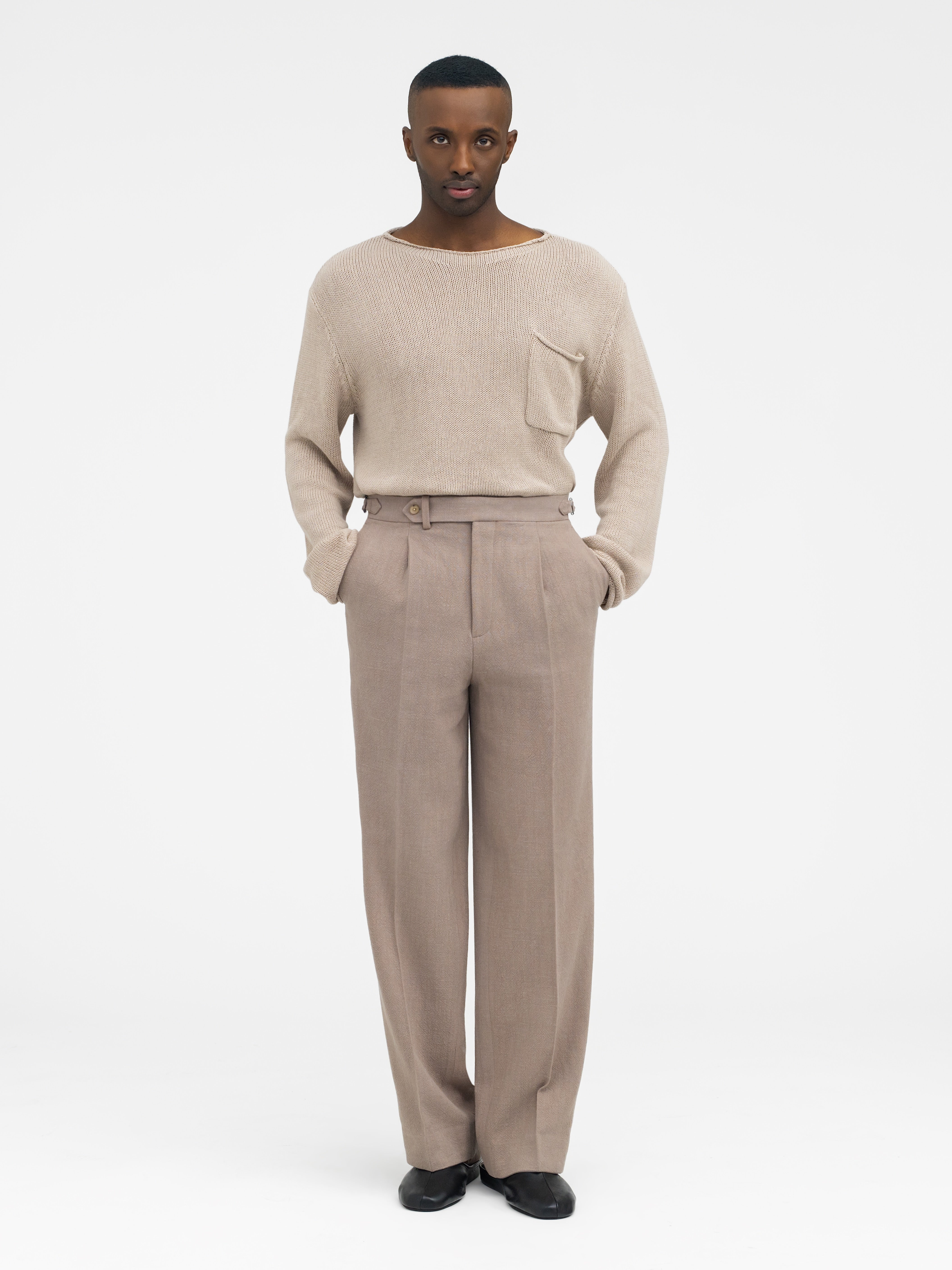 Stone Stonewashed Linen Oscar Trousers (Wide Fit) - Grand Le Mar