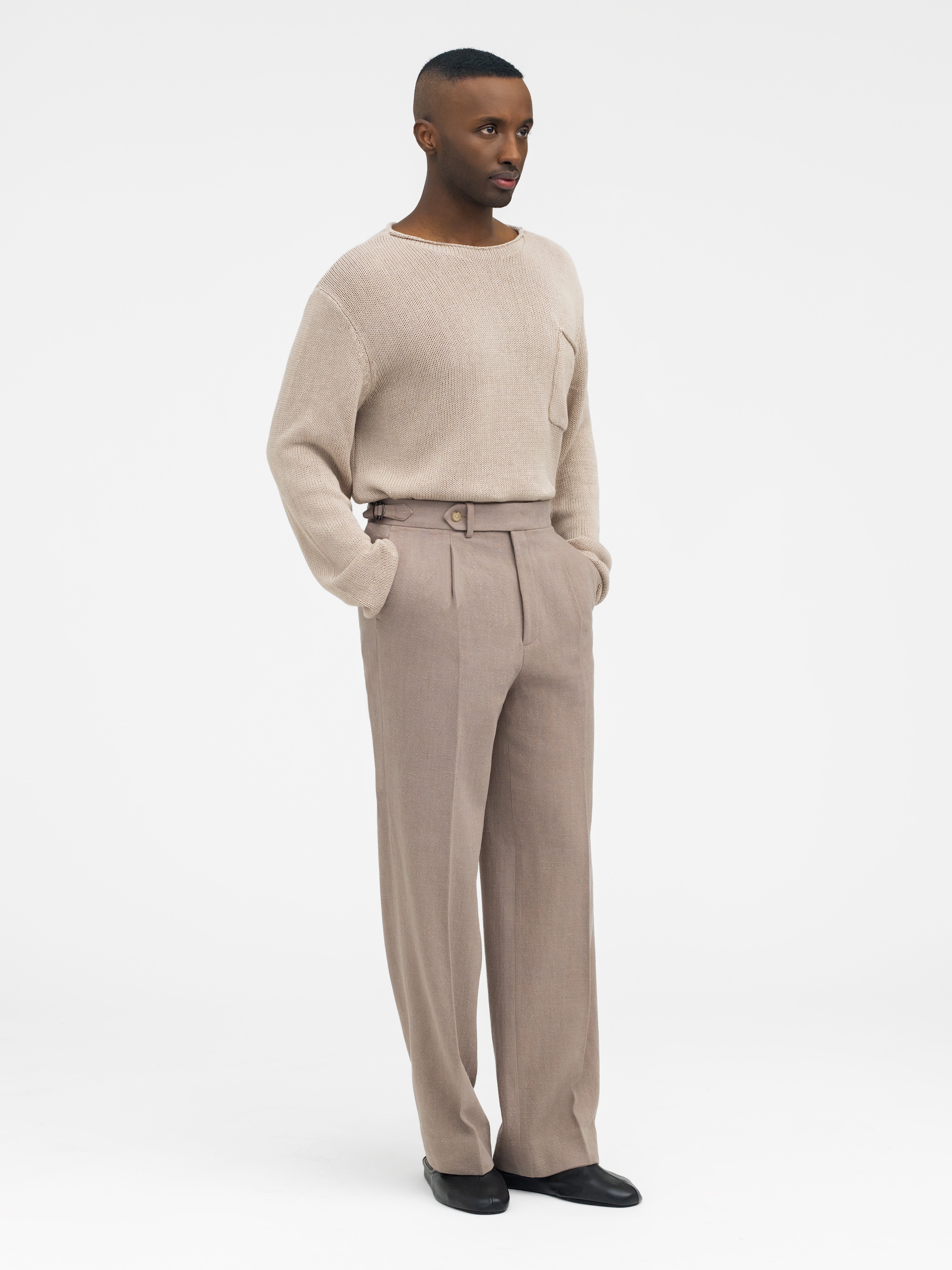 Stone Stonewashed Linen Oscar Trousers (Wide Fit) - Grand Le Mar