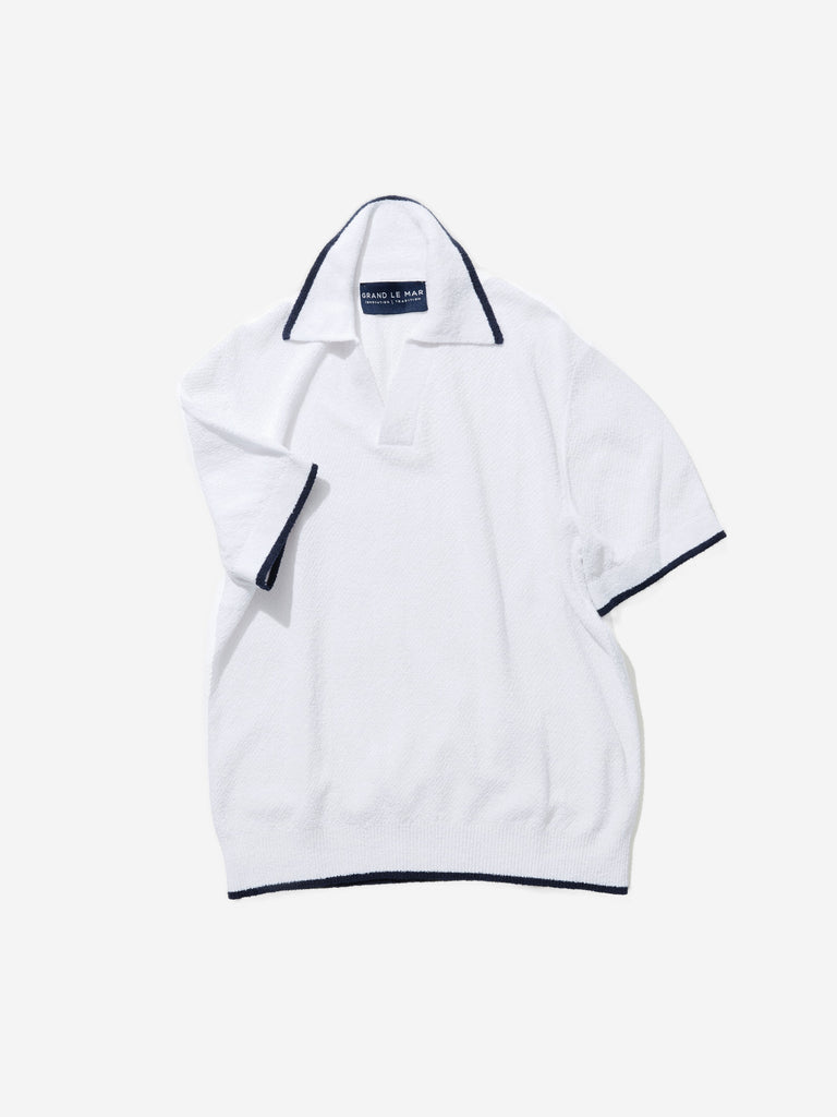 Grand Le Mar | White Bouclé Piped Polo Nautical Elegance with a
