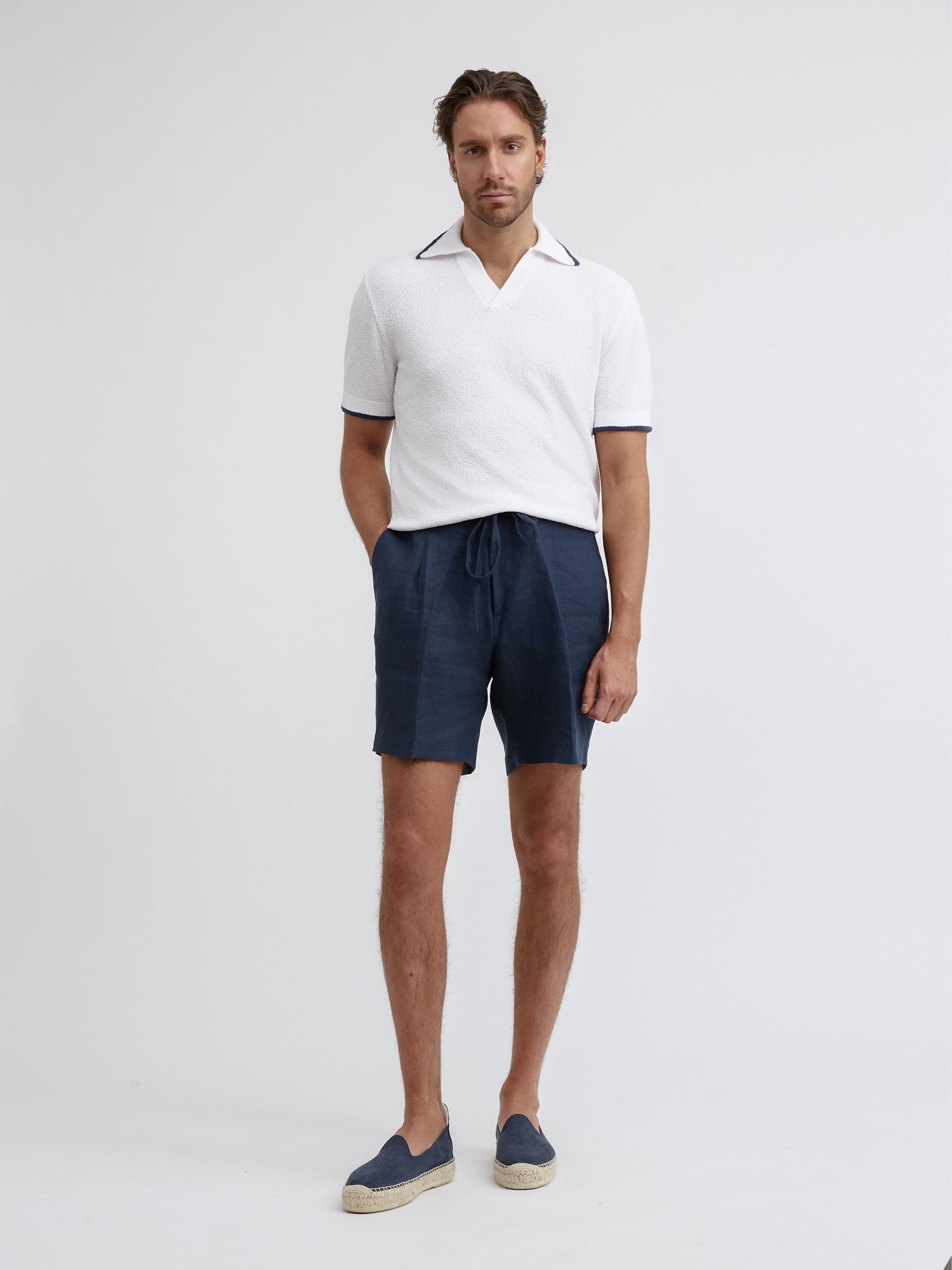 White Bouclé Piped Polo - Grand Le Mar