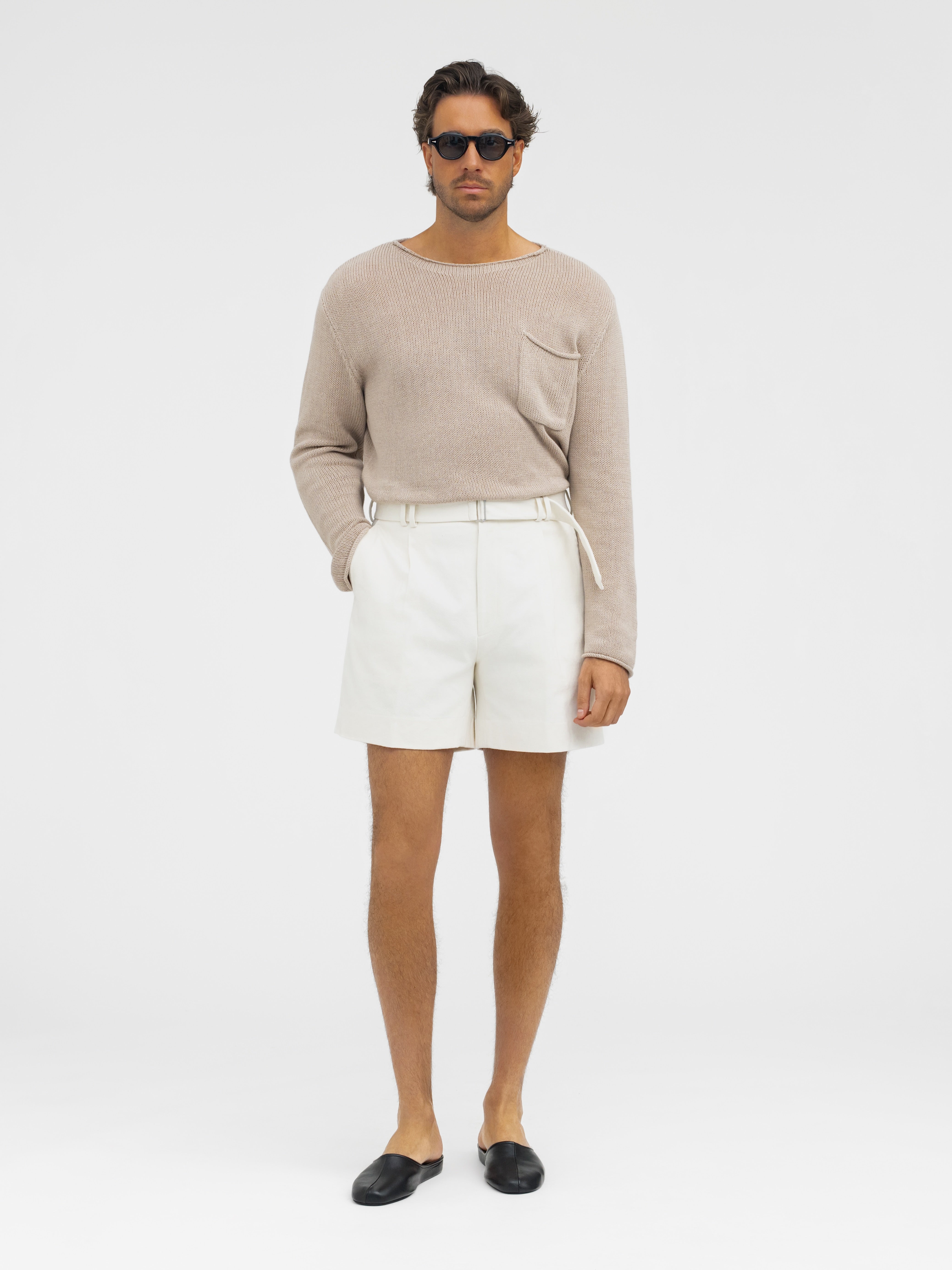 White Cotton Belted Shorts (Wide Fit) - Grand Le Mar