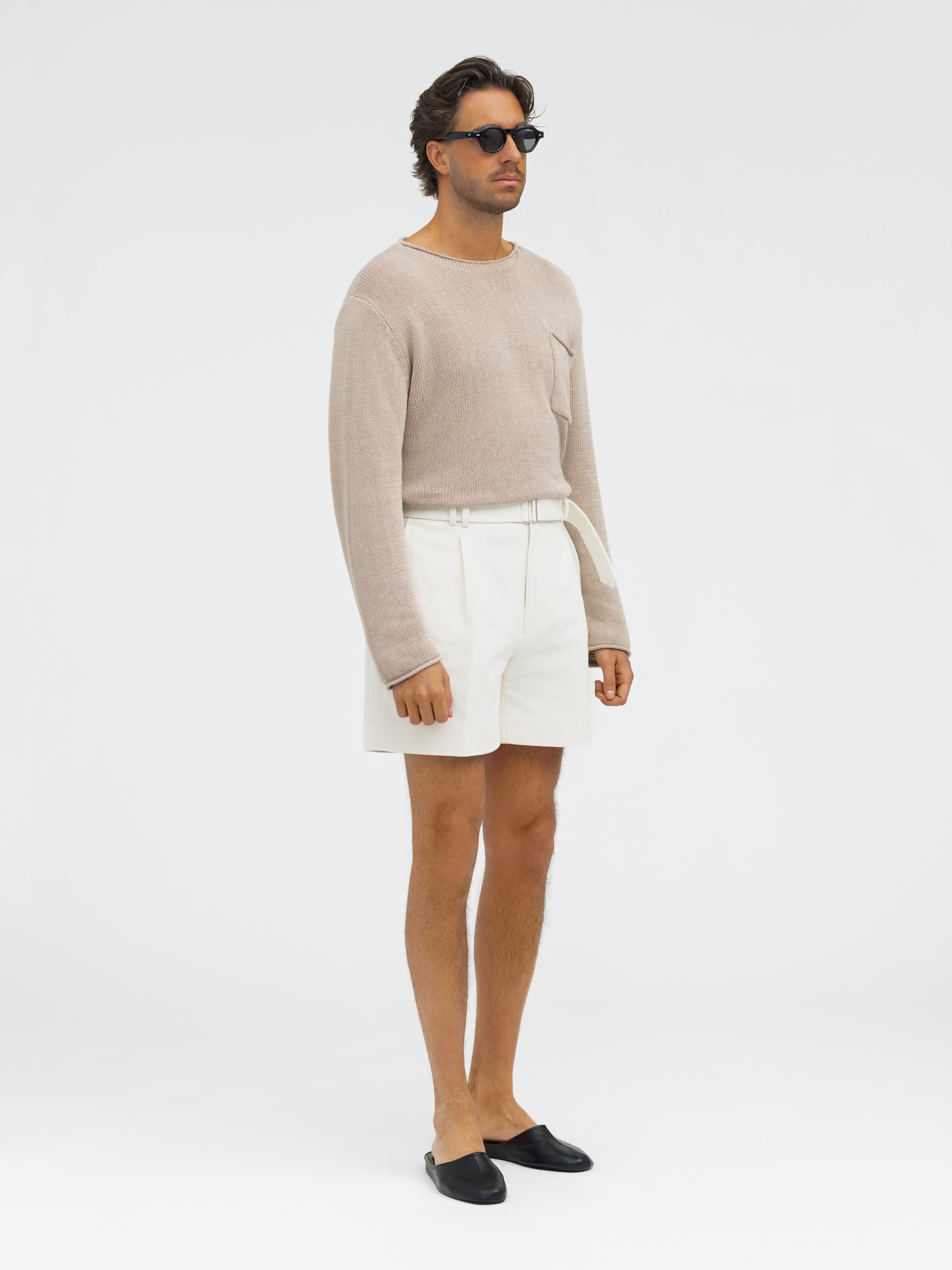 White Cotton Belted Shorts (Wide Fit) - Grand Le Mar