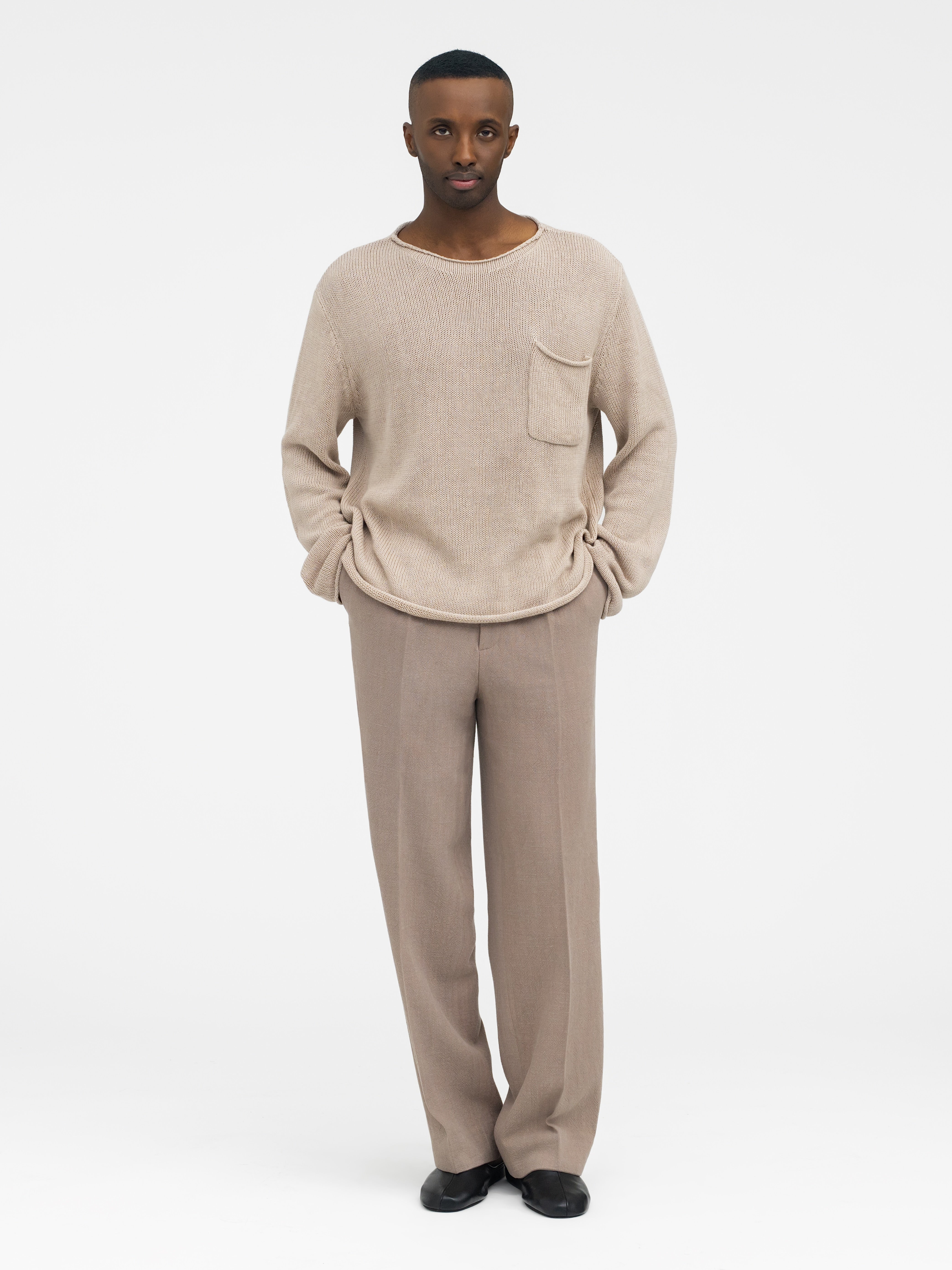 Taupe Cotton Linen Roll Neck - Grand Le Mar