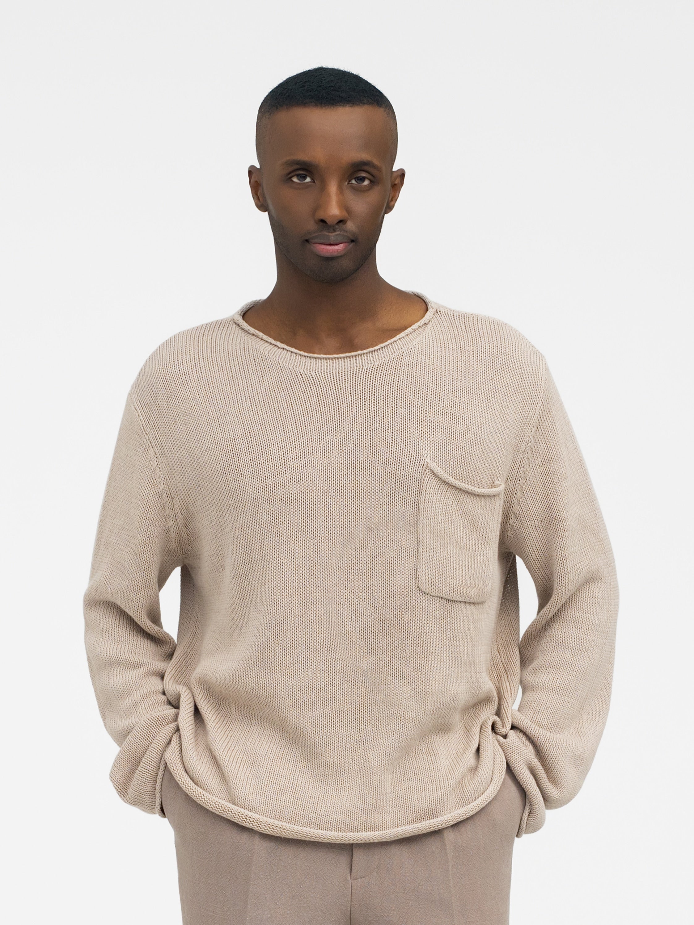 Taupe Cotton Linen Roll Neck - Grand Le Mar