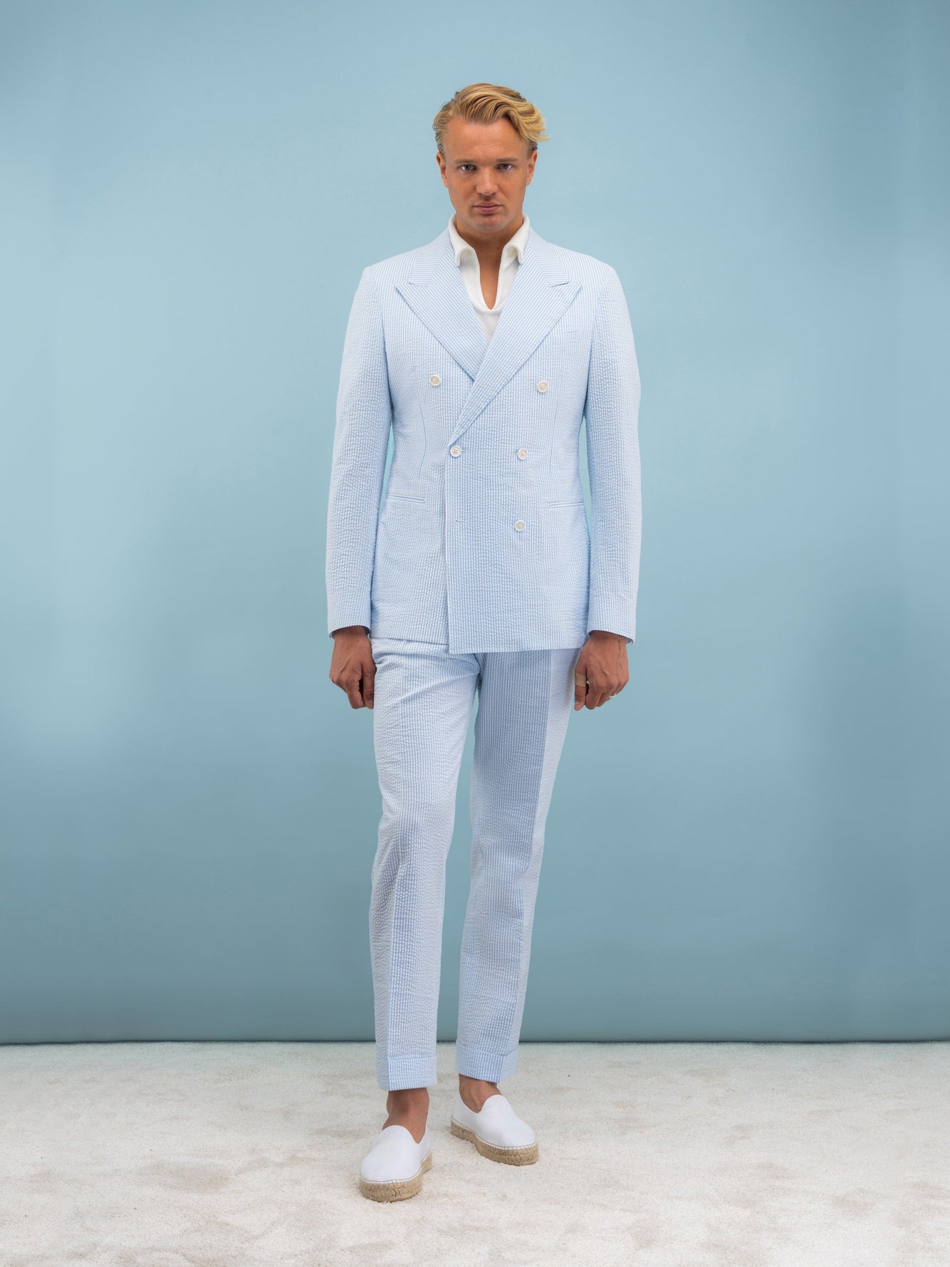 White Blue Striped Seersucker Suit - Inventory Tracking - Grand Le Mar