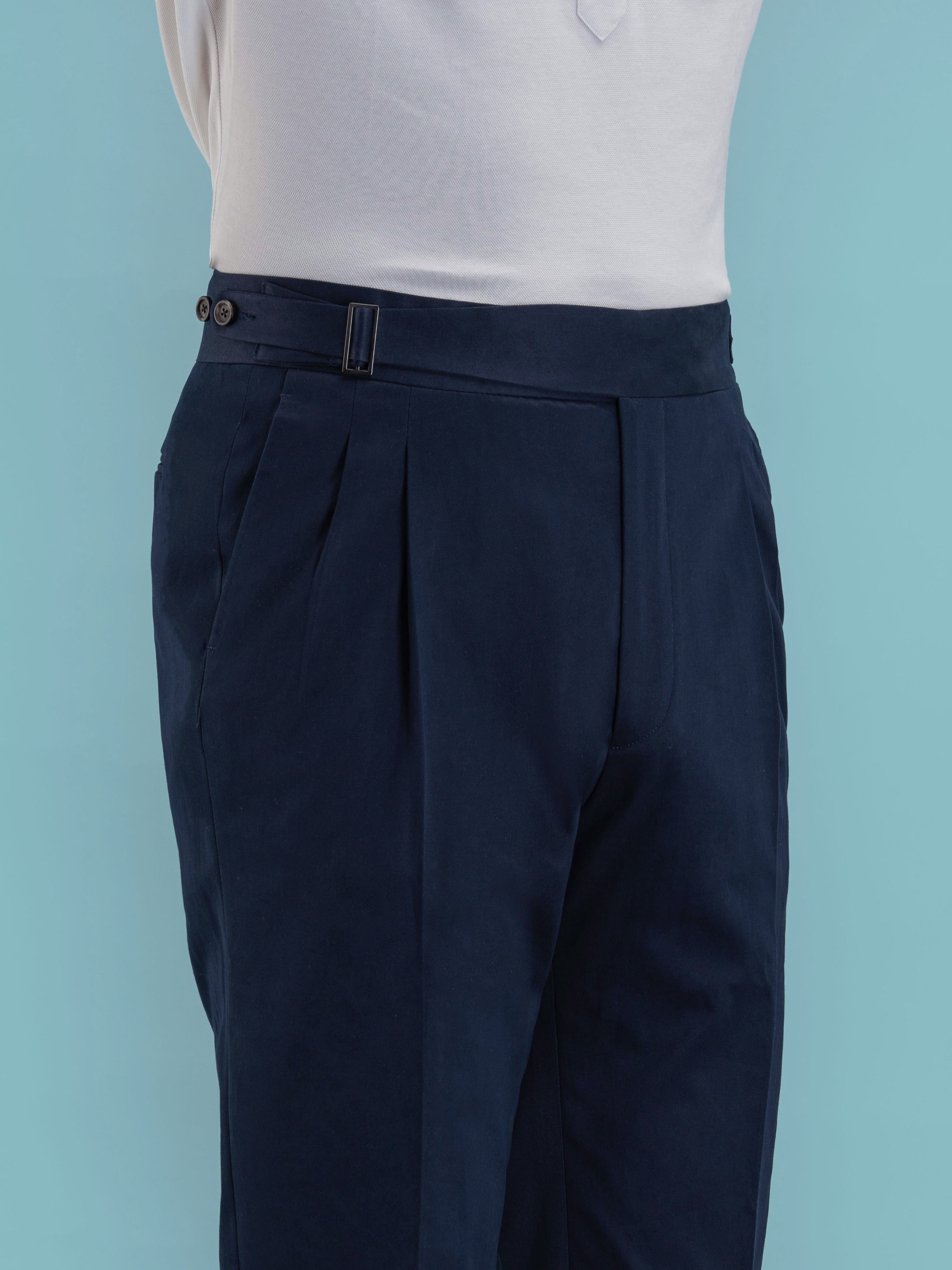 Navy Cotton Gurkha Trousers (Tapered Fit) - Grand Le Mar