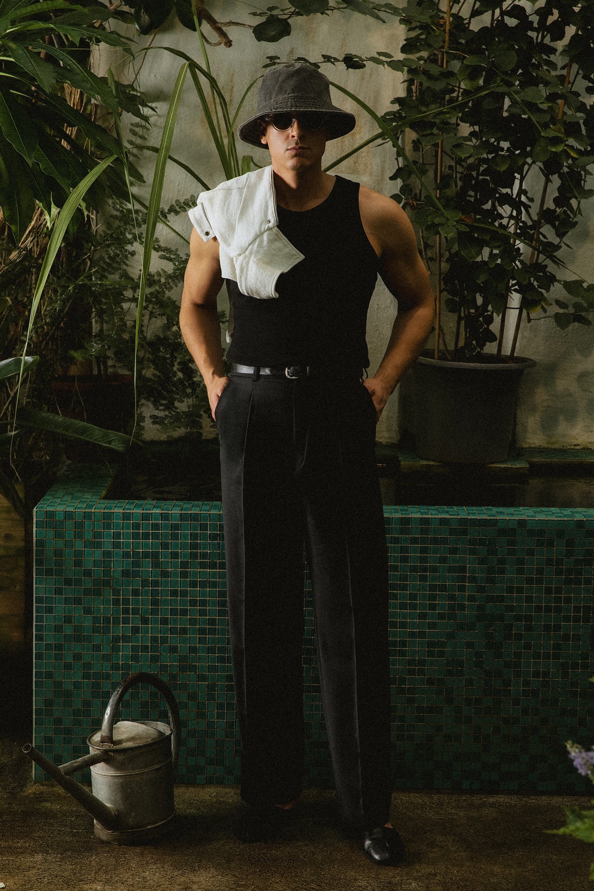 Black Wool Belt Trousers  (Wide Fit)