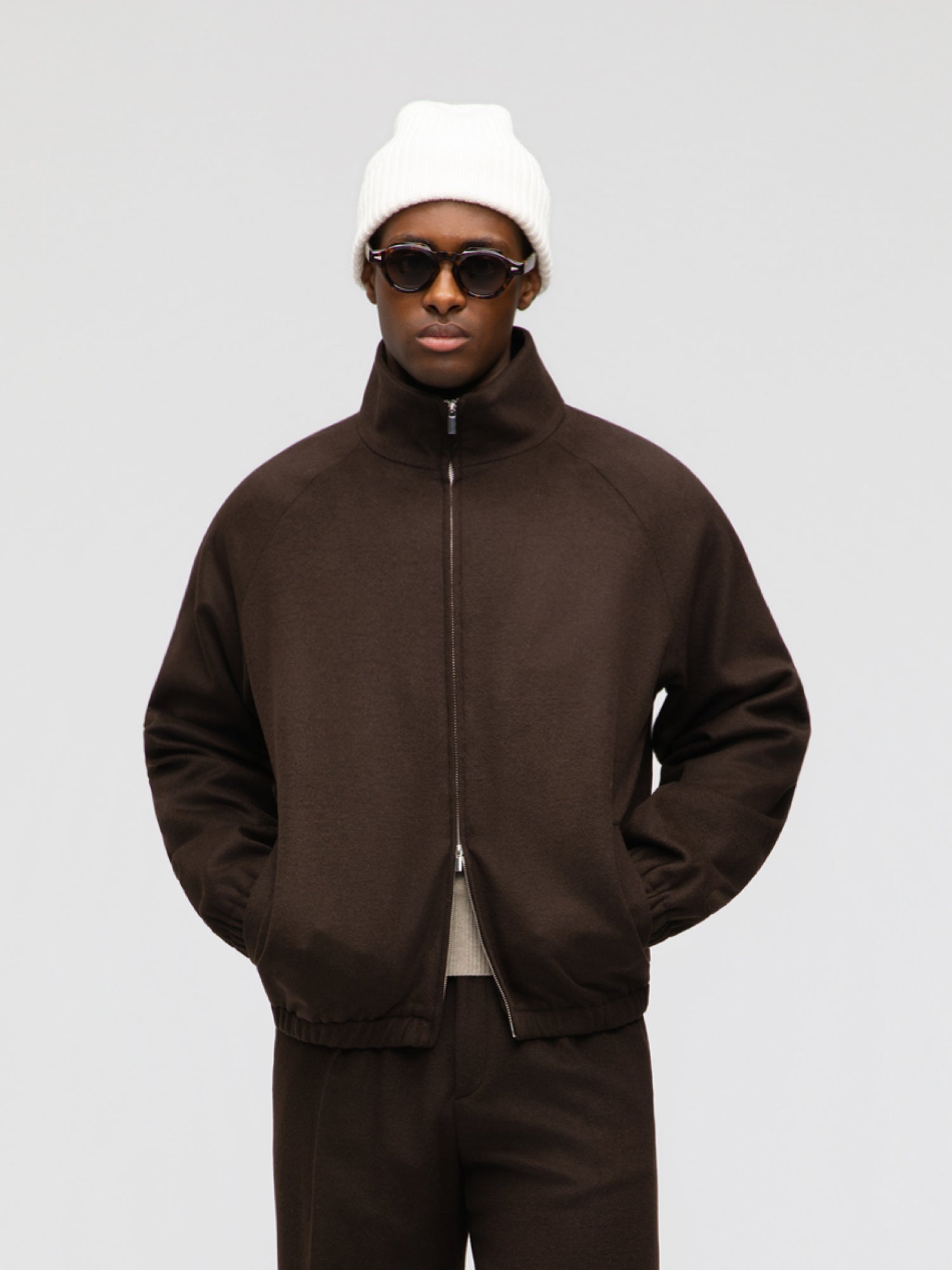 Brown Wool Cashmere Bomber Jacket - Grand Le Mar