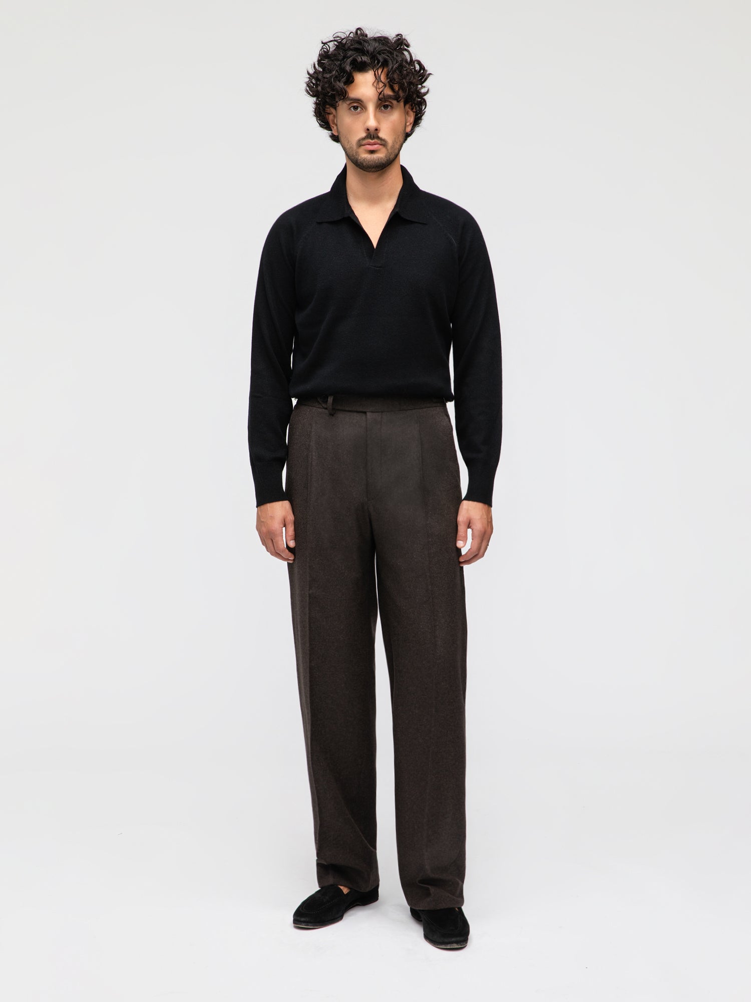 Brown Flannel Wool Trousers (Wide Fit) - Grand Le Mar